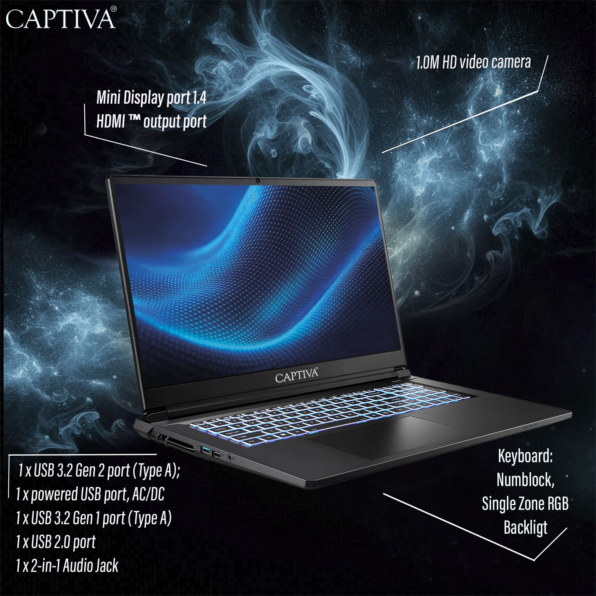 Schwarzer Laptop mit beleuchteter Tastatur. Merkmale sind Anschlüsse, Webcam und das Captiva-Logo.