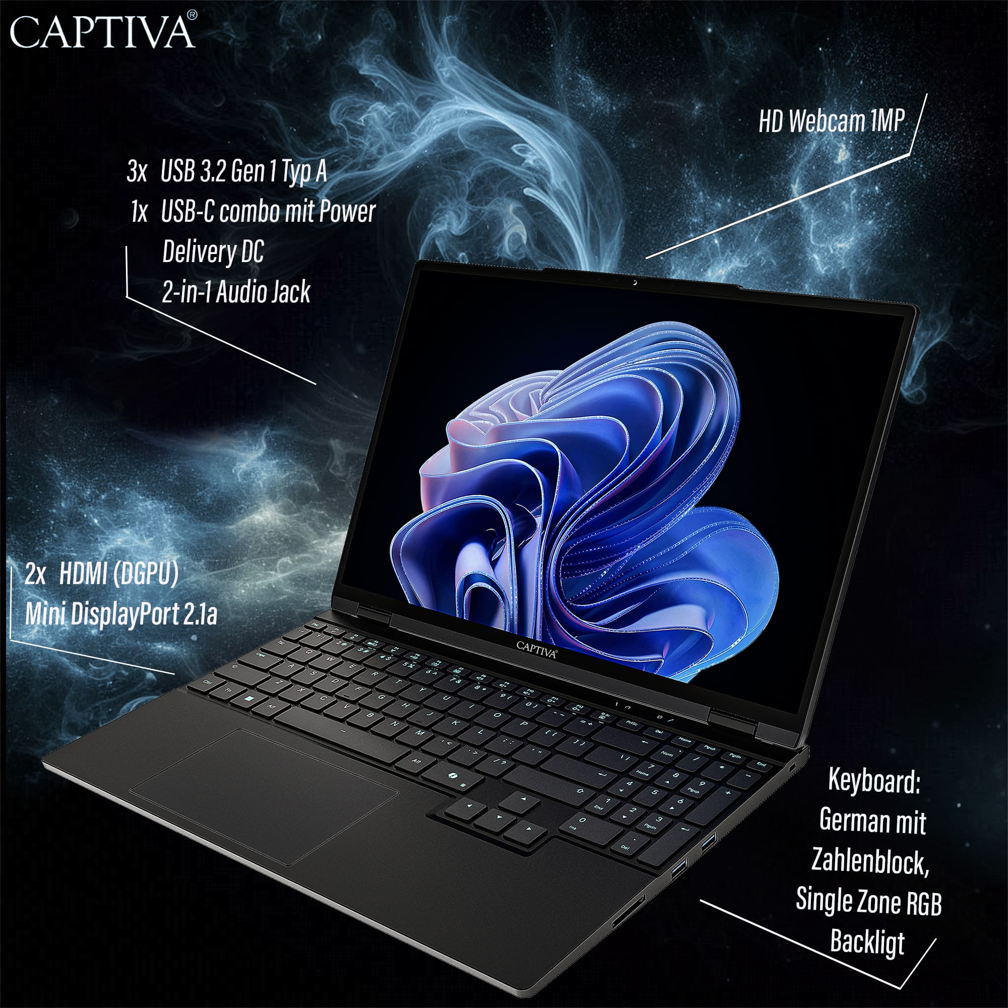 Ein Laptop mit schwarzer Tastatur und einem Bildschirm, der ein blaues, abstraktes Design zeigt. Zu den Merkmalen gehören Anschlüsse und Webcam.