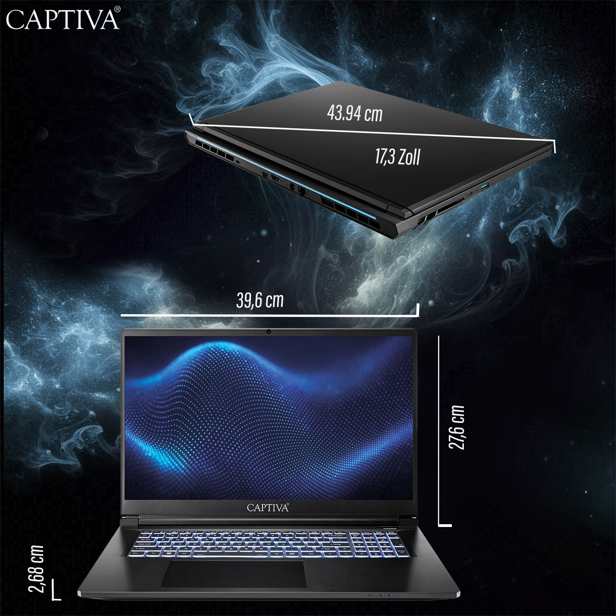 Schwarzer Laptop mit Abmessungen. Der Bildschirm zeigt blaue Punkte. Captiva-Logo sichtbar. Der Hintergrund ist dunkelblau.