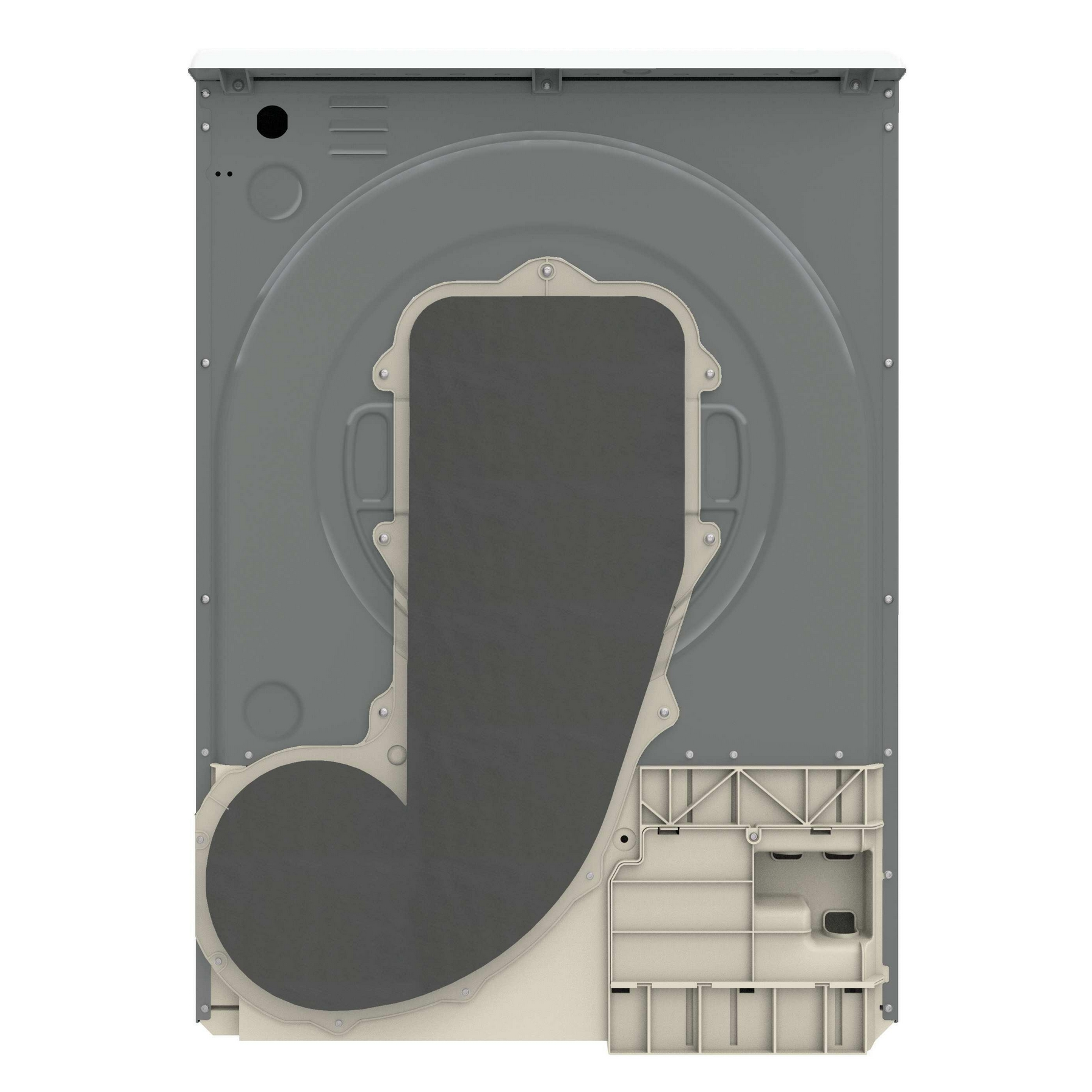 Vista posteriore di una lavatrice. Cassa in metallo grigio con parte superiore bianca. Filtro grigio scuro e dettagli in plastica beige.