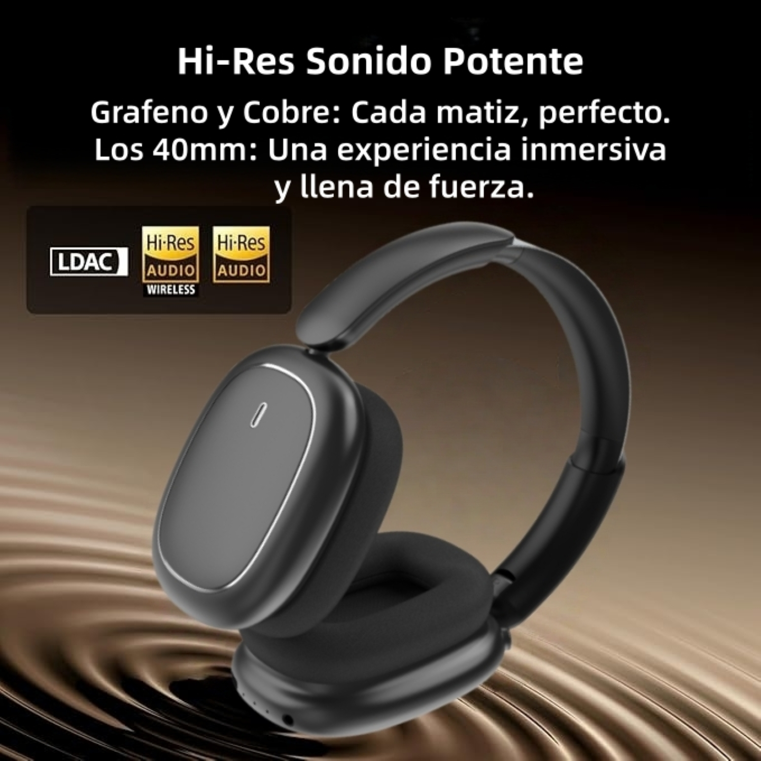 Auriculares negros con detalles plateados. El texto superior dice 'Hi-Res Sonido Potente'. Los auriculares son inalámbricos.