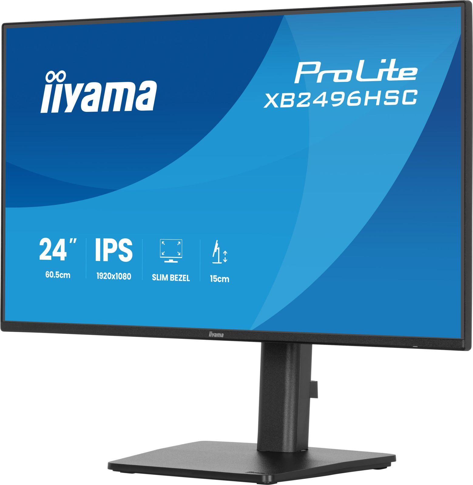 Monitor iiyama ProLite XB2496HSC. Ma niebieski ekran z białym tekstem i czarną podstawą.