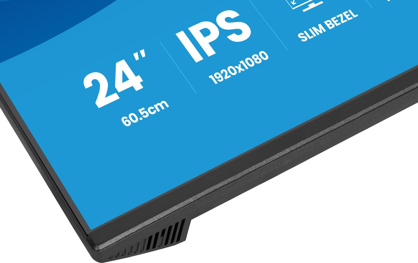 Monitor komputerowy z niebieskim ekranem wyświetla tekst: 24", IPS, 1920x1080, 60,5cm i Slim Bezel. Monitor ma czarną ramkę.