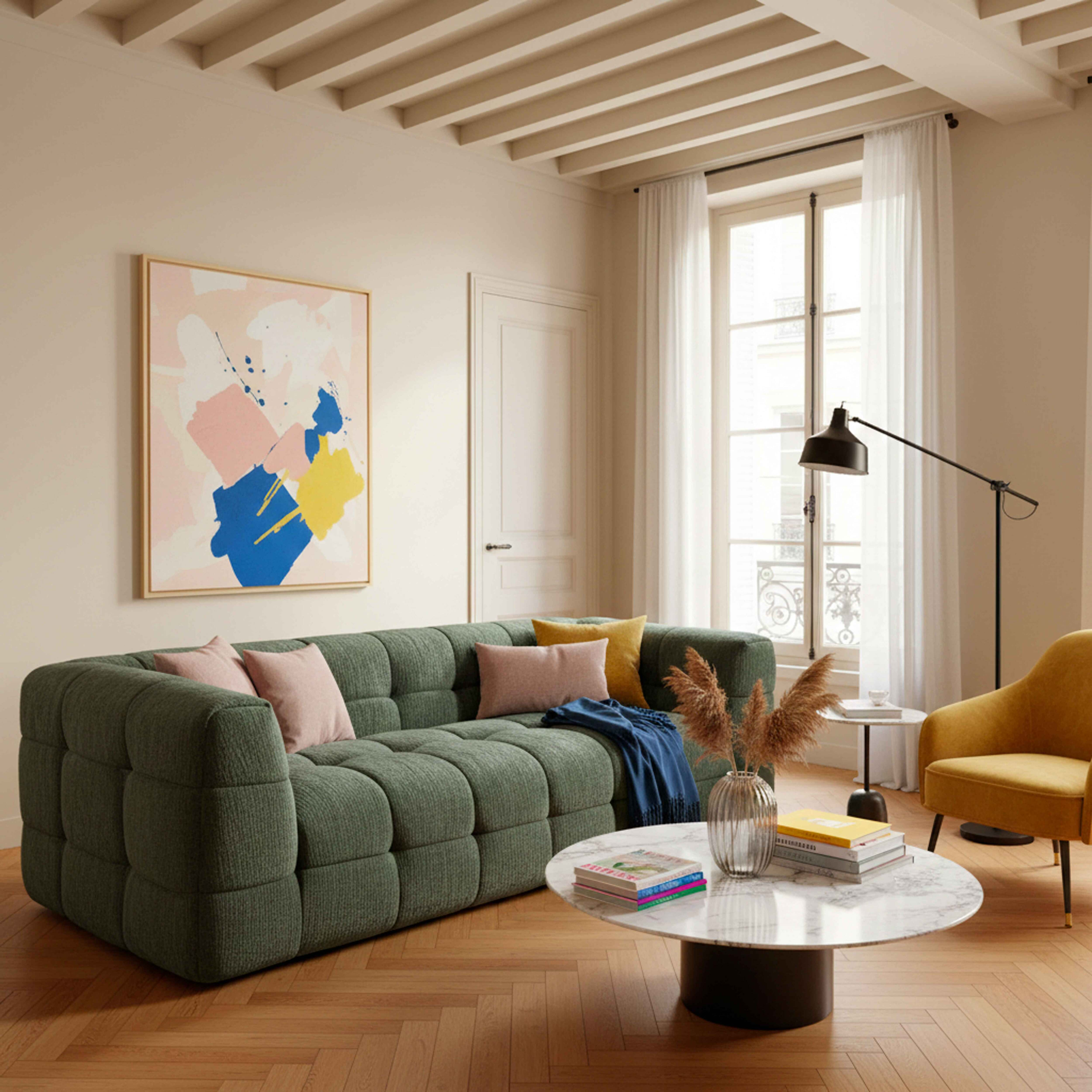 Wohnzimmer: grünes Sofa, abstrakte Kunst, gelber Stuhl, runder Tisch, Holzboden und ein Fenster mit weißen Vorhängen.