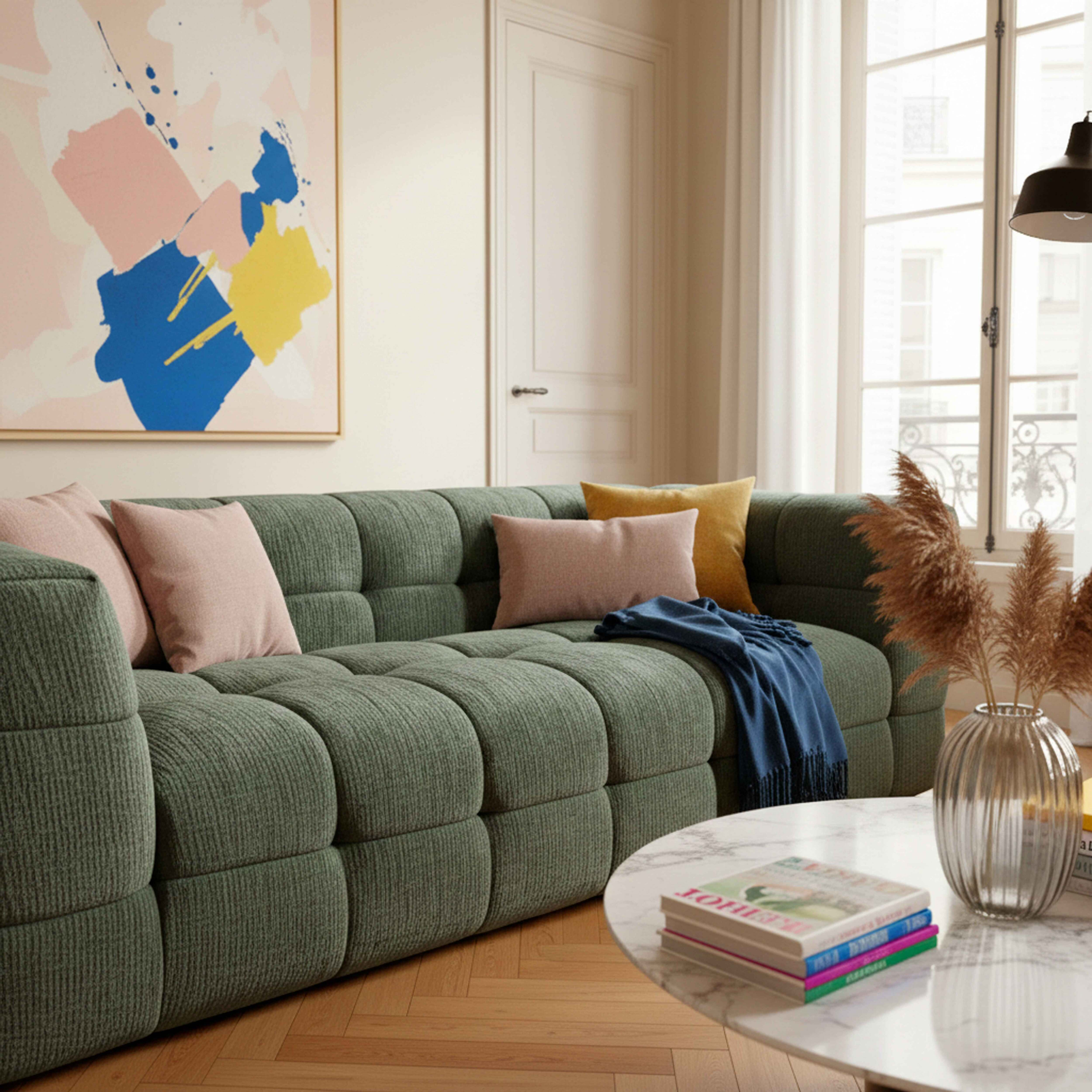 Wohnzimmerszene mit grünem Sofa, Kissen, Kunst, Fenster und Couchtisch mit Büchern und einer Vase.