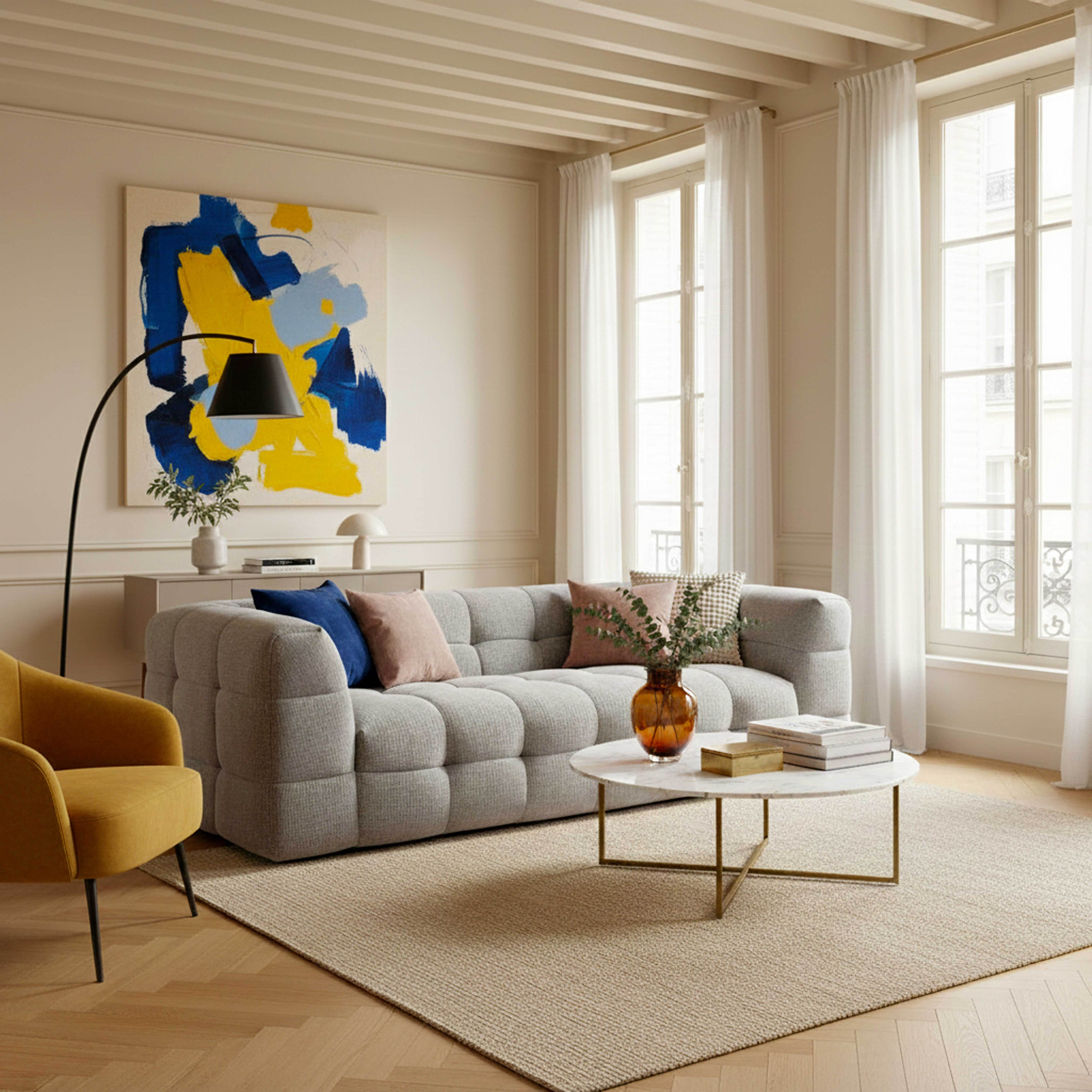 Ein modernes Wohnzimmer mit grauem Sofa, gelbem Stuhl, Kunst und Fenstern mit weißen Vorhängen.