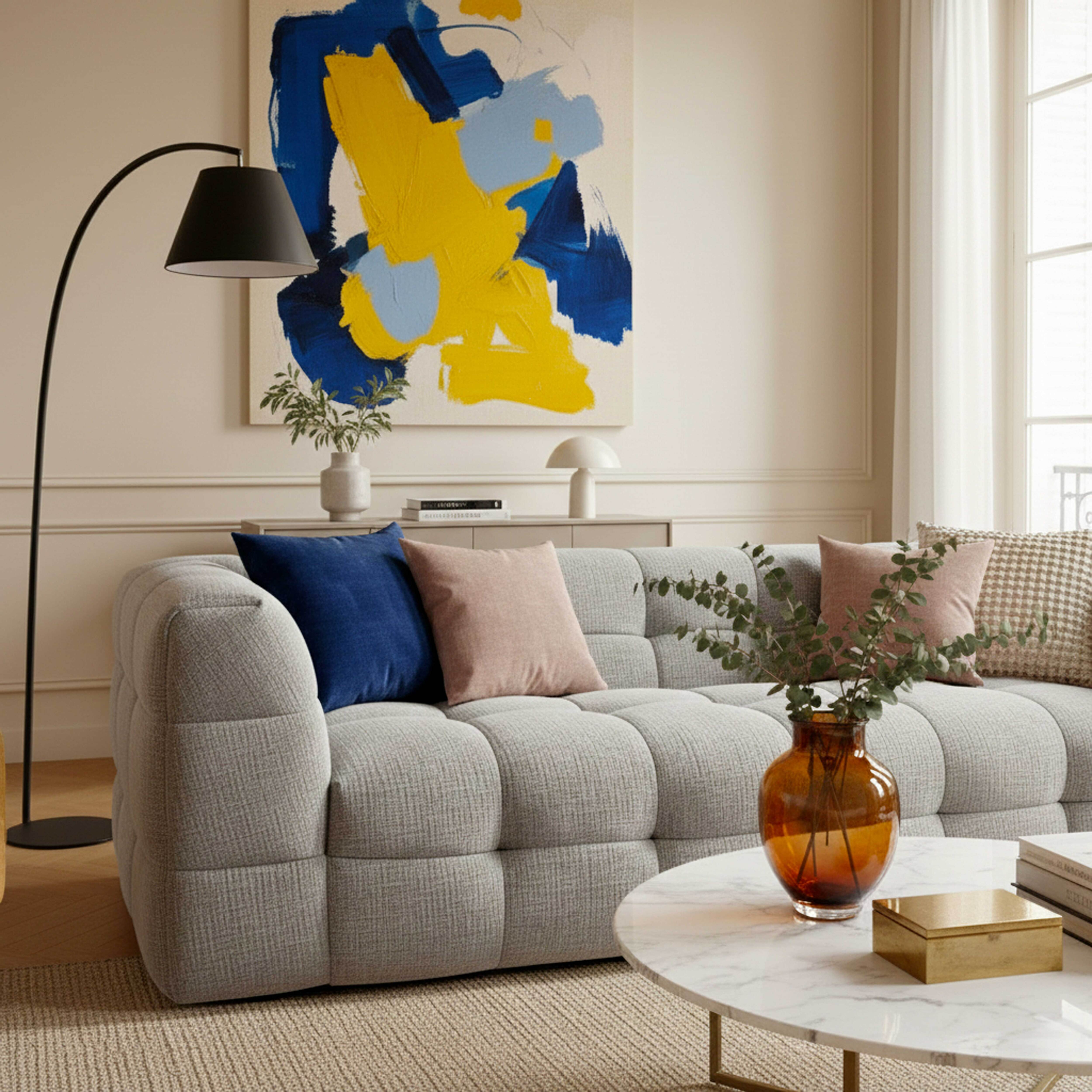 Wohnzimmer mit Sofa, abstrakter Kunst und Stehlampe. Kissen in Blau und Rosa. Runder Tisch mit Blumen.