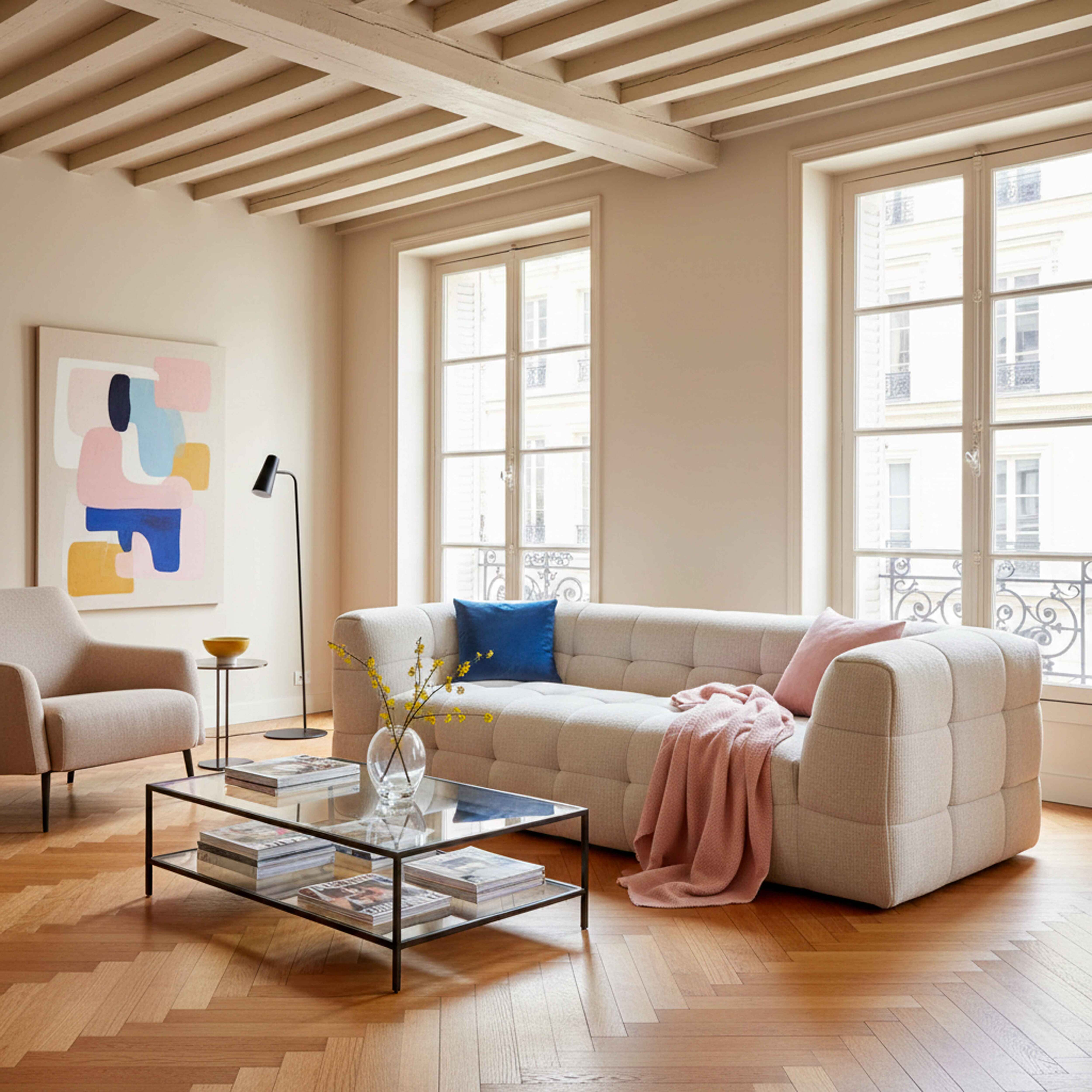 Wohnzimmer mit Sofa, Stuhl, Couchtisch und abstrakter Kunst. Fenster zeigen Gebäude. Holzbalkendecke und -boden.