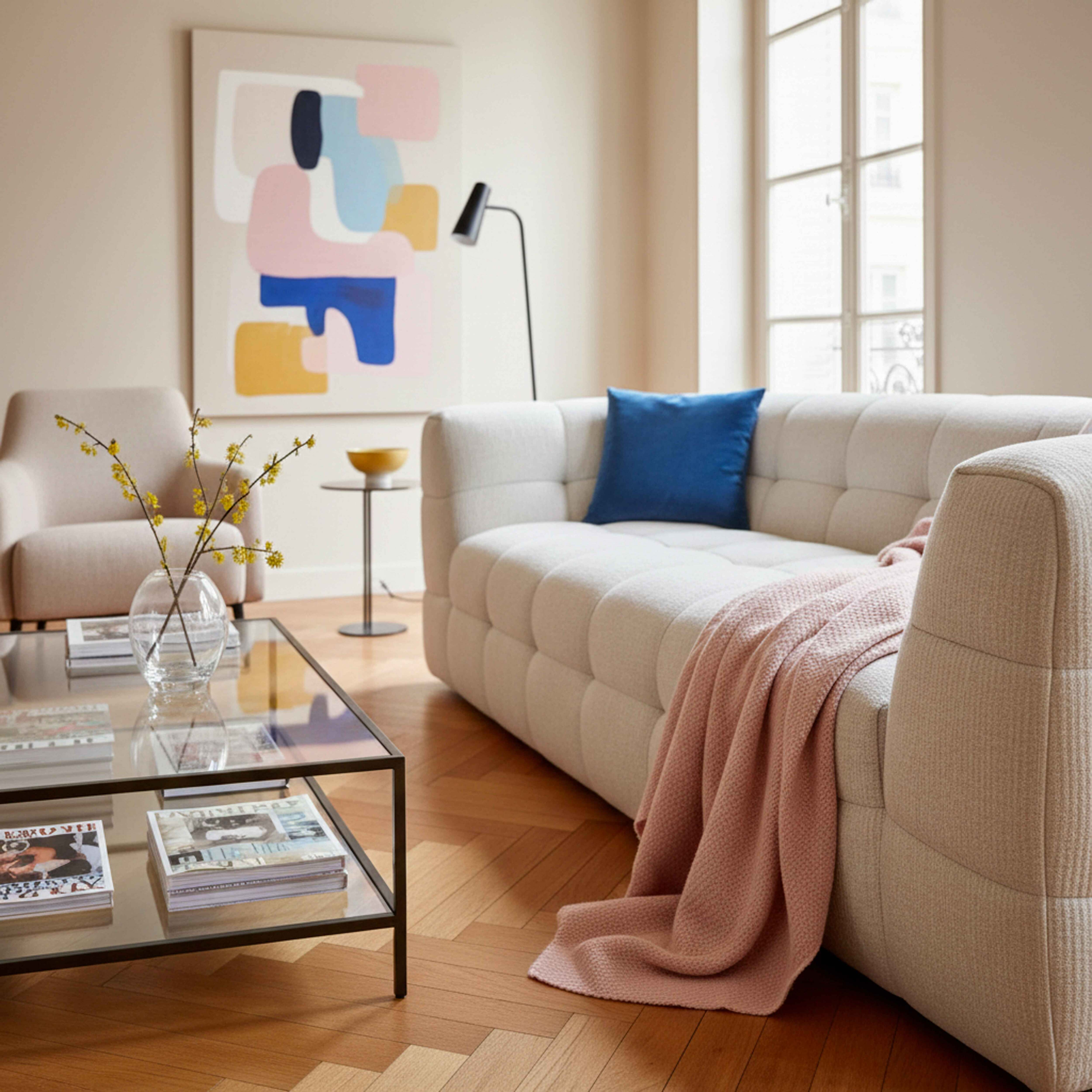 Wohnzimmerszene mit weißem Sofa, rosa Decke, blauem Kissen, Kunst, Glastisch und Hartholzboden.