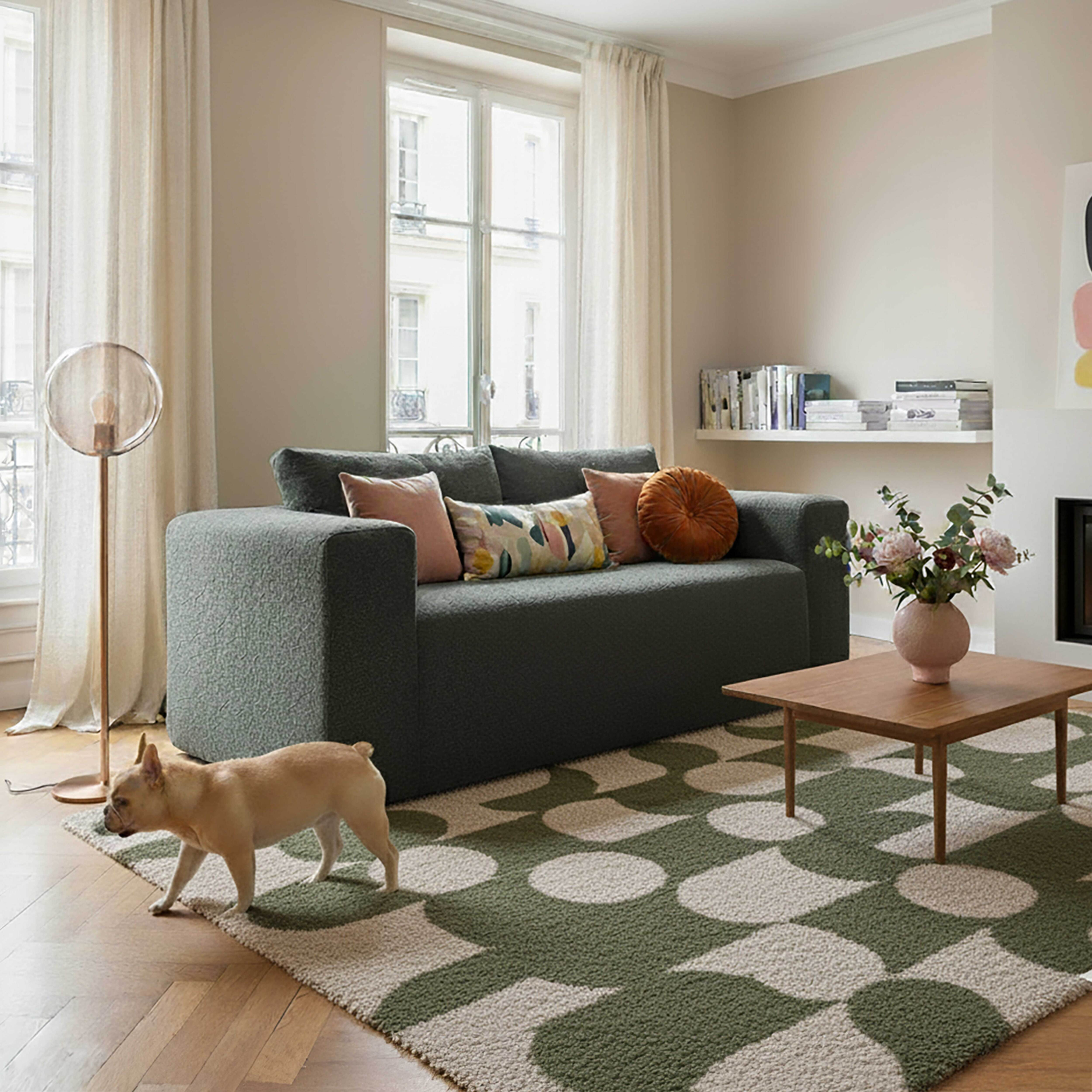 Wohnzimmer mit grünem Sofa, gemustertem Teppich, Hund, Couchtisch und großem Fenster.