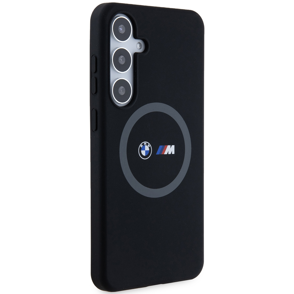 Custodia nera per telefono con logo BMW. La custodia ha tre obiettivi e un logo circolare sul retro.