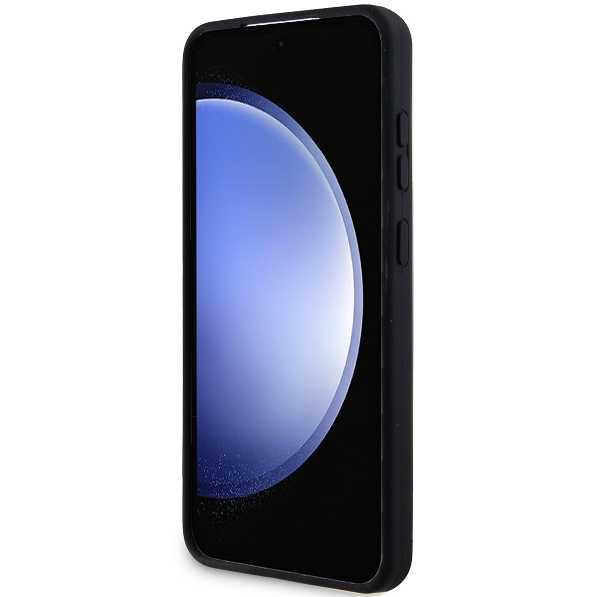 Uno smartphone nero in una custodia protettiva. Lo schermo mostra una sfumatura blu e bianca. I pulsanti del volume e di accensione sono visibili.
