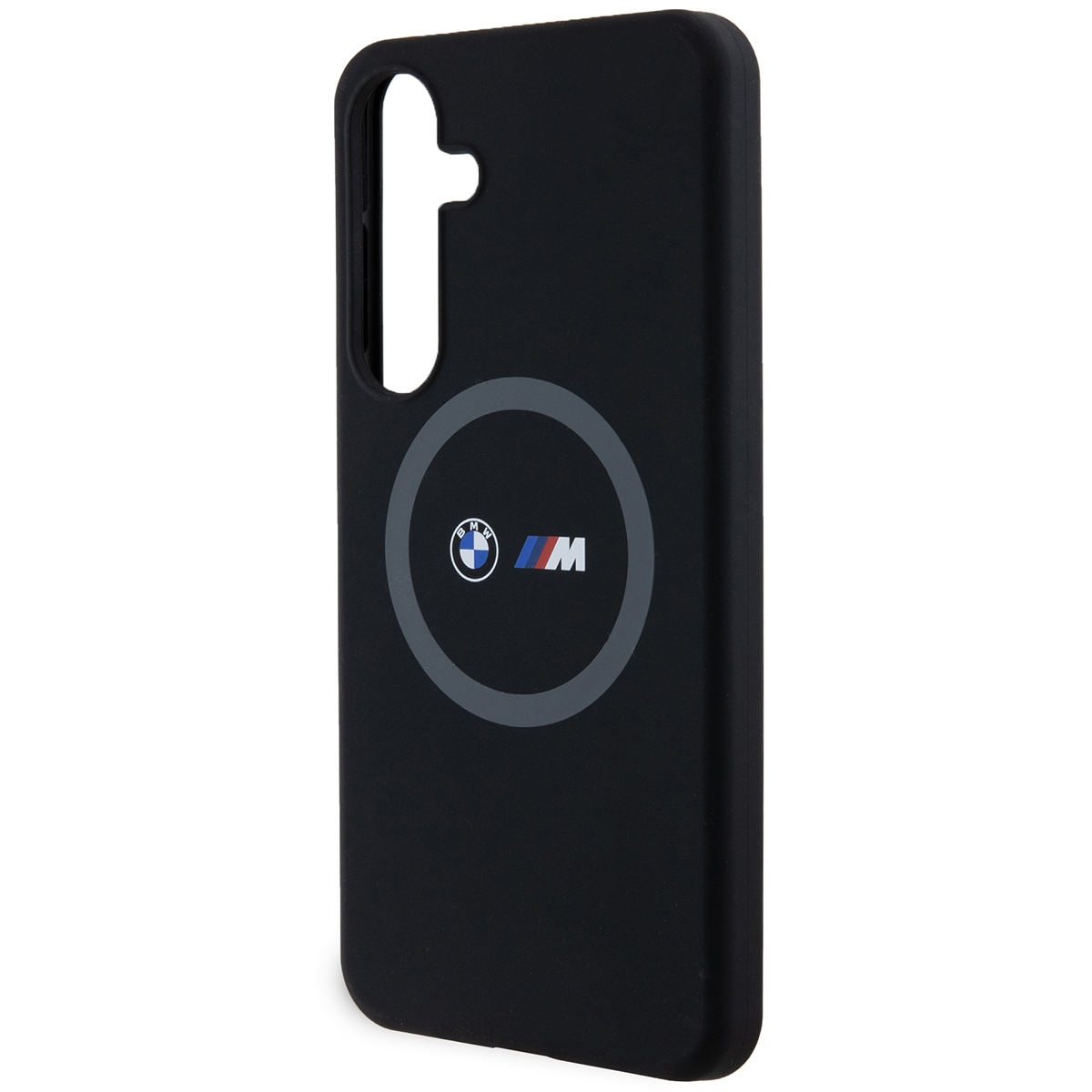 Una custodia nera per telefono con logo BMW M sul retro. La custodia ha un ritaglio per la fotocamera e si trova su sfondo bianco.