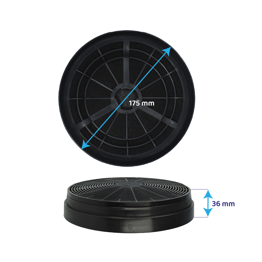 Schwarzer kreisförmiger Filter mit 175 mm Durchmesser und 36 mm Höhe, mit einem Gitternetz oben und einem festen Boden.