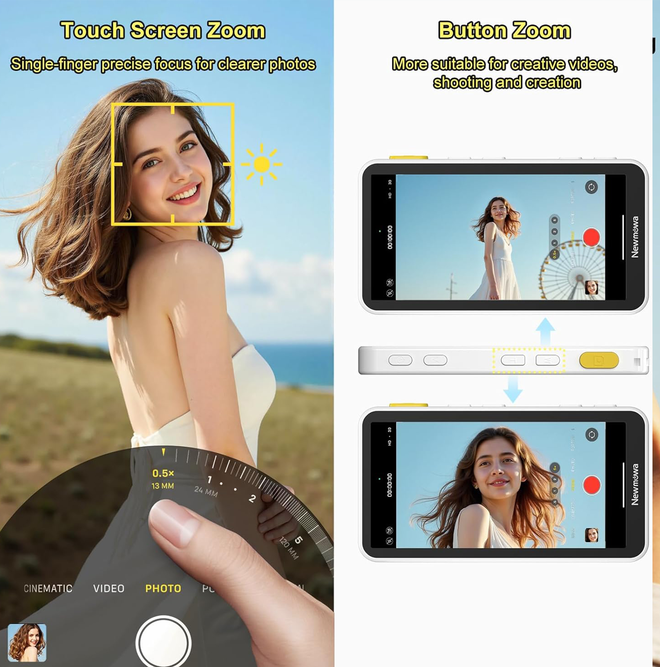 Das Bild zeigt eine Frau und ein Telefon mit Zoomfunktionen. Text erklärt Touch- und Button-Zoom-Optionen für Fotos und Videos.
