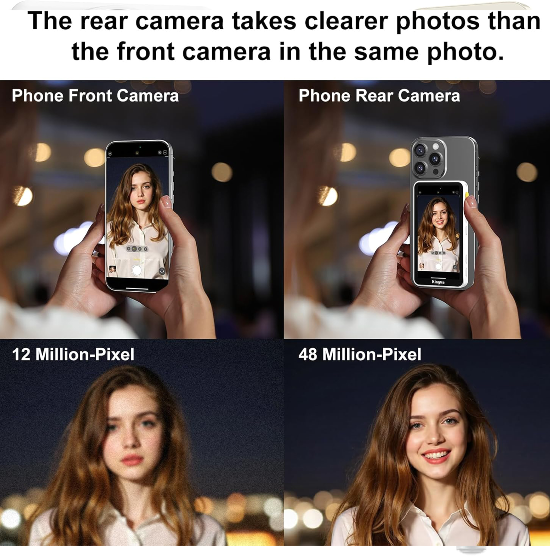 Bildvergleich von Telefonkameras. Foto der Frontkamera ist unscharf, Foto der Rückkamera ist klar, zeigt ein Frauenportrait.
