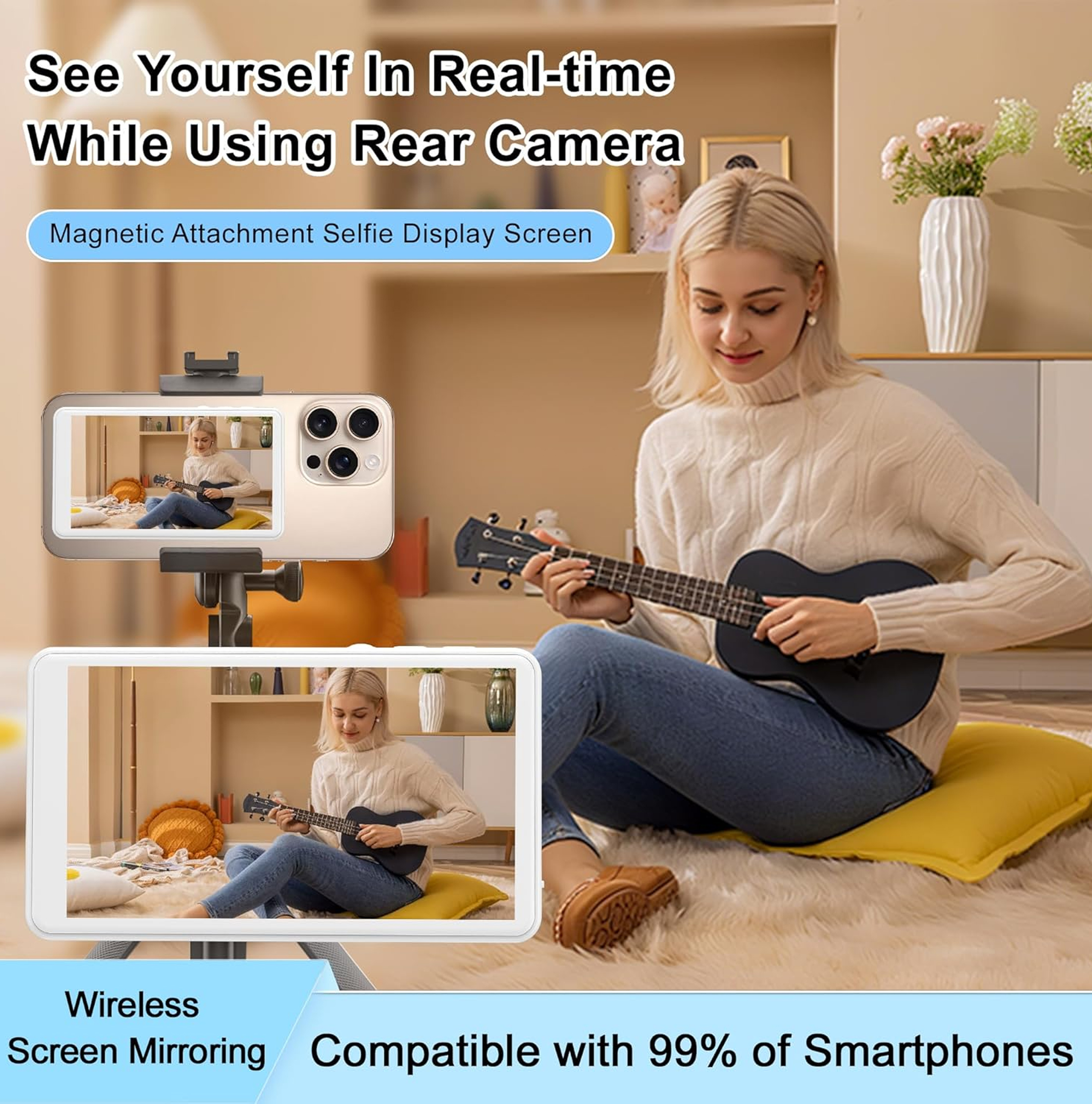 Eine Frau spielt Ukulele. Zwei Telefone zeigen die Szene. Text: Sehen Sie sich in Echtzeit. Wireless Screen Mirroring.