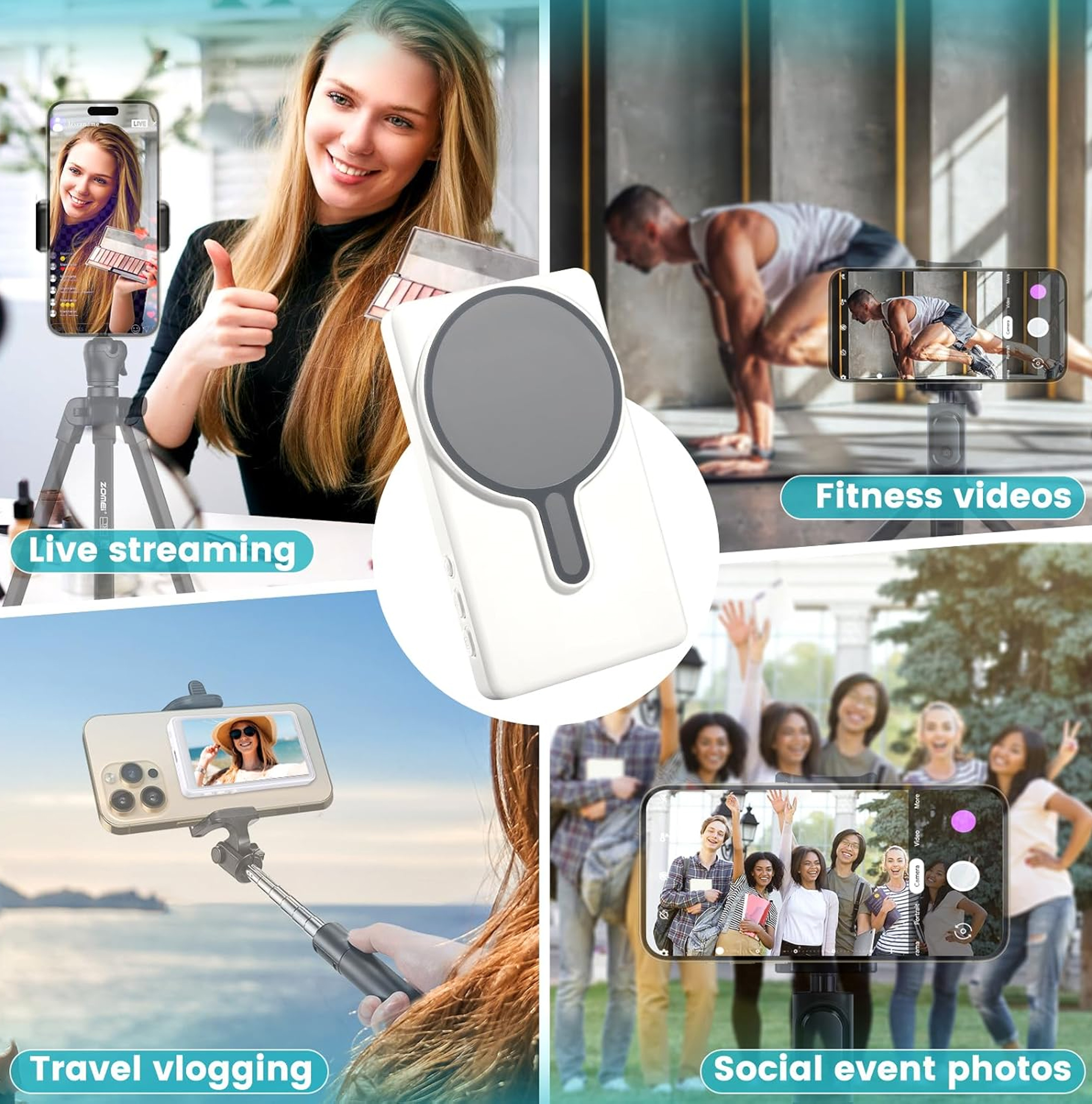 Collage mit einem Telefonhalter, der Live-Streaming, Fitnessvideos, Reise-Vlogging und Fotos von gesellschaftlichen Ereignissen aufnimmt.