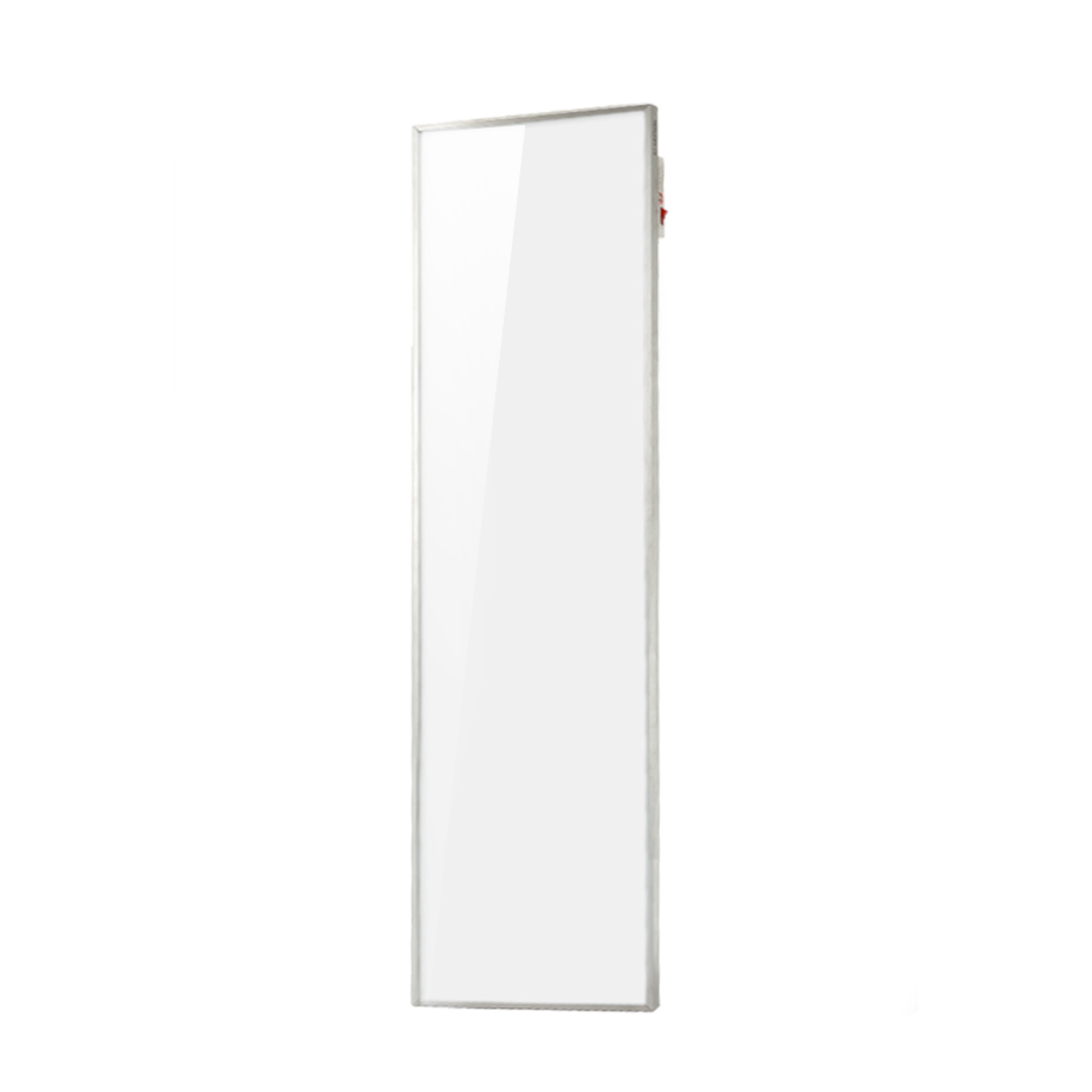 Ein rechteckiges, weißes, glänzendes Panel mit silbernem Rahmen. Ein kleines rotes Element ist sichtbar.