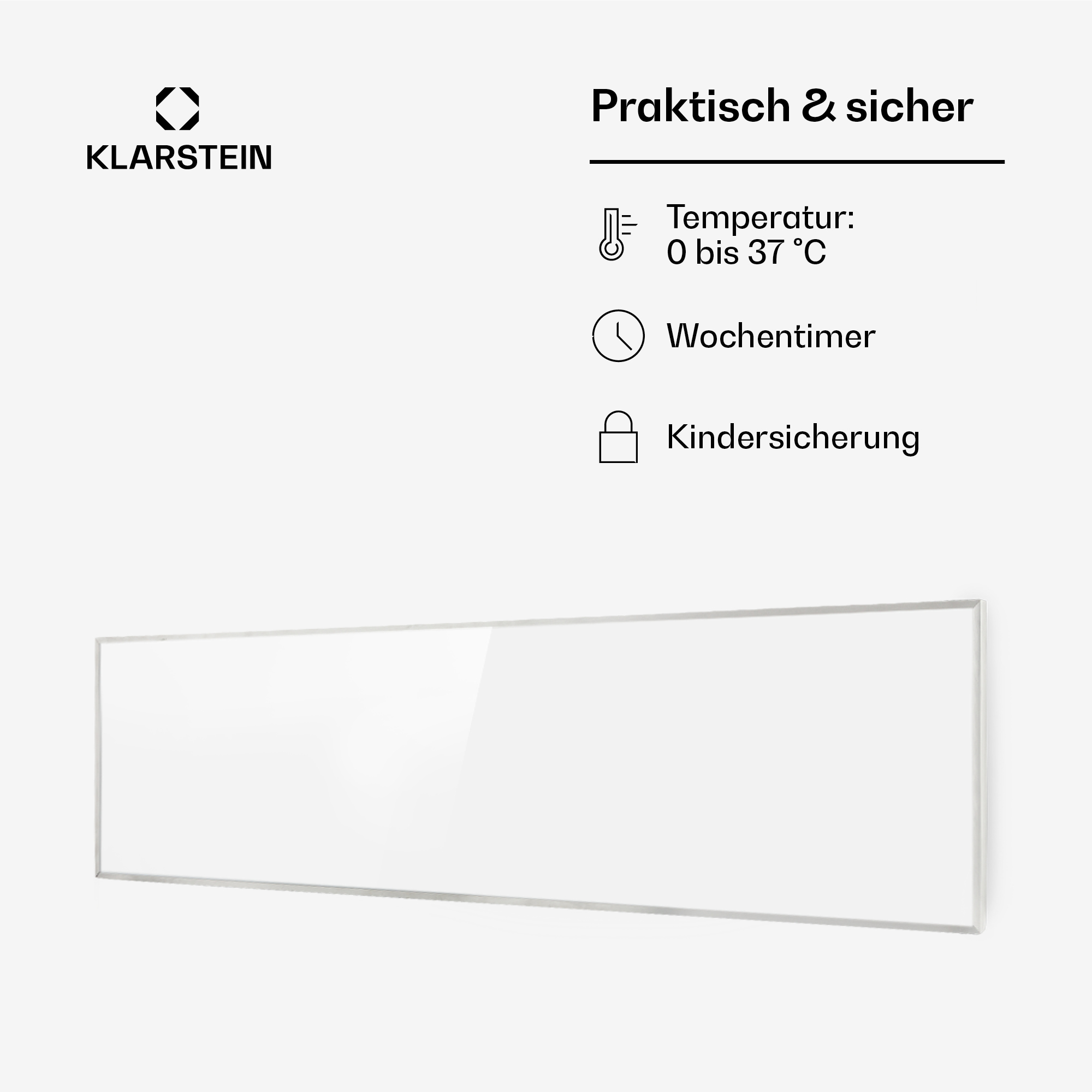 Das Bild zeigt eine weiße Tafel mit Logo und Text zu Temperatur, Timer und Kindersicherung. Unten befindet sich eine lange weiße Tafel.