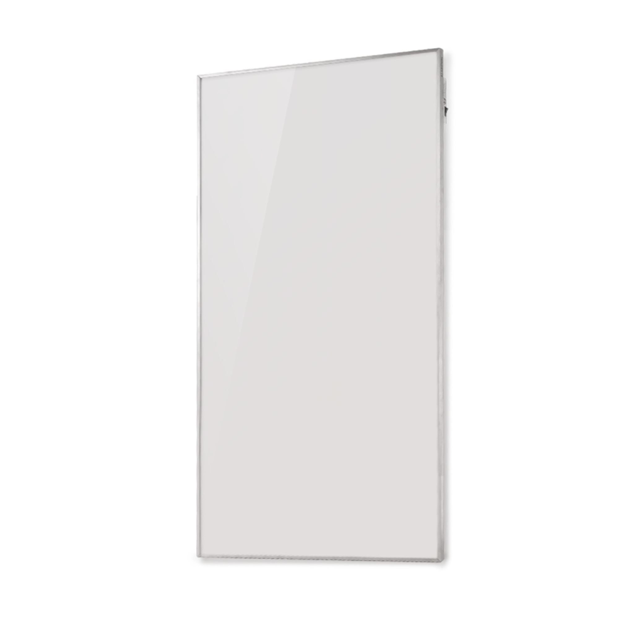 Un pannello rettangolare bianco lucido con cornice argentata, leggermente angolato, su sfondo bianco.
