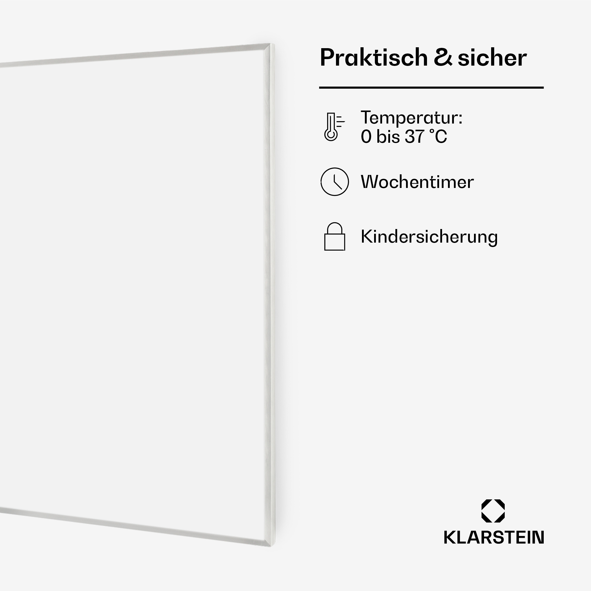 Pannello bianco con funzioni di sicurezza: temperatura, timer e blocco bambini. Logo Klarstein in basso.