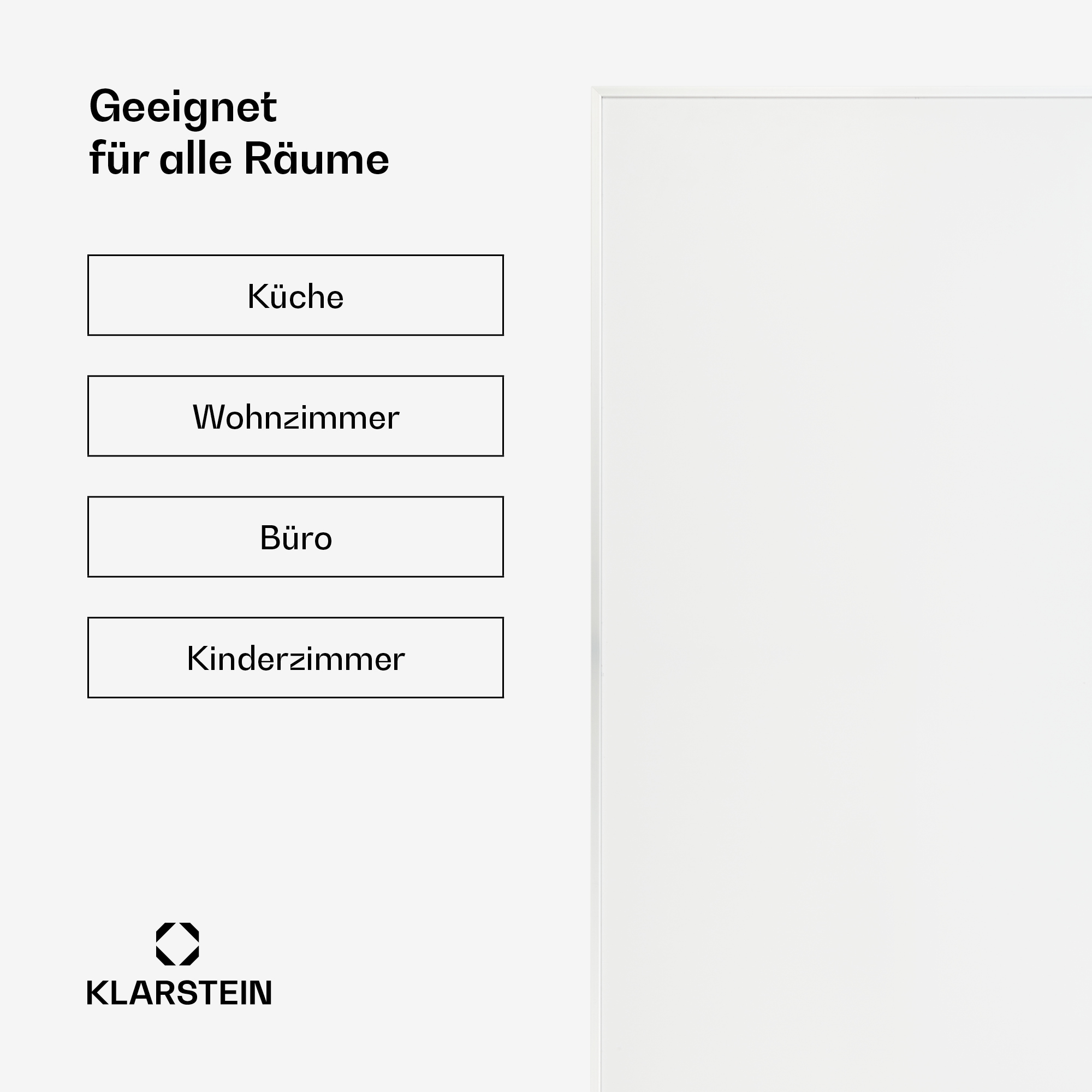 Immagine con testo: Geeignet für alle Räume, con pulsanti per Küche, Wohnzimmer, Büro, Kinderzimmer. Logo Klarstein.