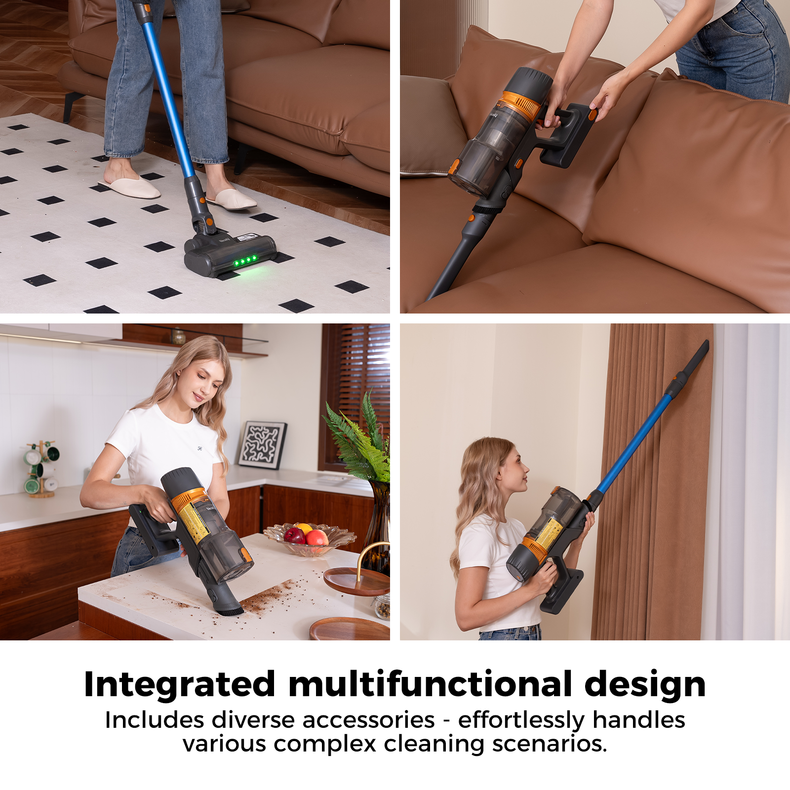 Les images montrent un aspirateur utilisé sur les sols, les meubles et autres surfaces. Les gens l'utilisent dans différents scénarios.