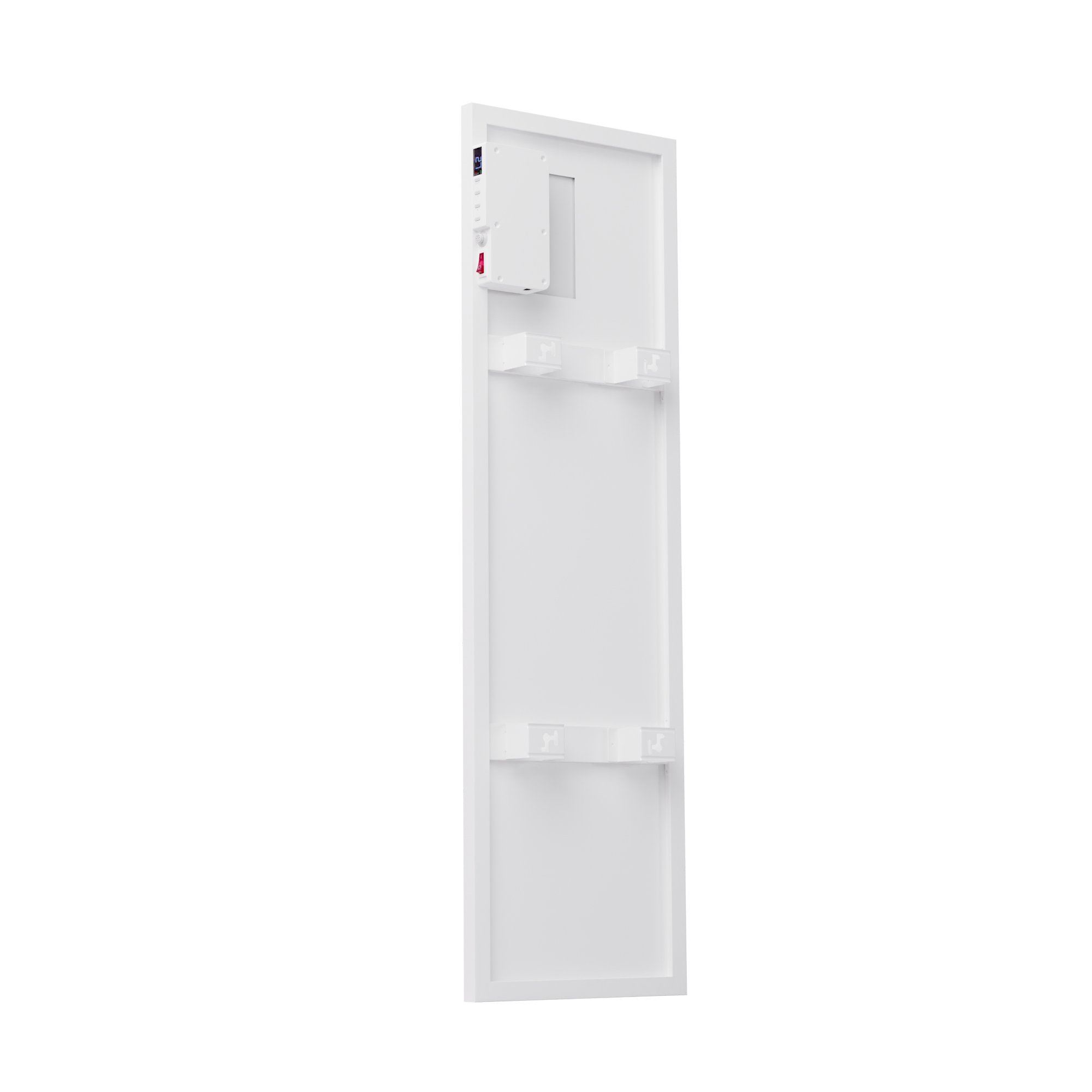 Weißes Wandgerät mit Schalter und Display. Es hat Haken unten und in der Mitte zum Aufhängen von Gegenständen.