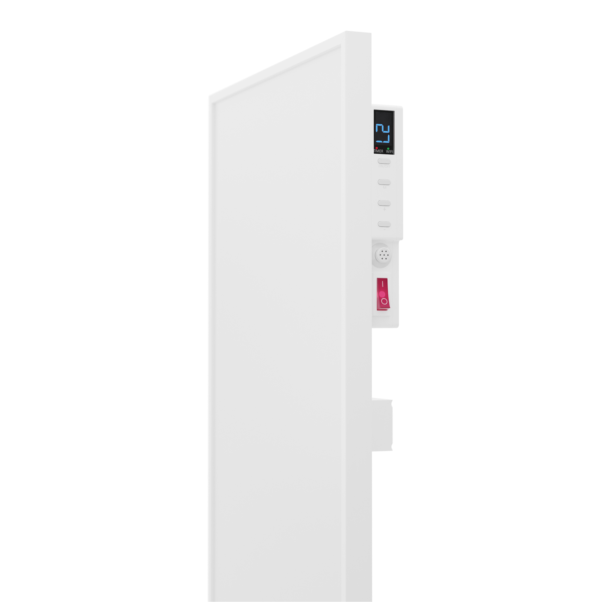 Ein weißer Elektroheizer mit Digitalanzeige der Temperatur. Er hat Knöpfe und einen roten Netzschalter.