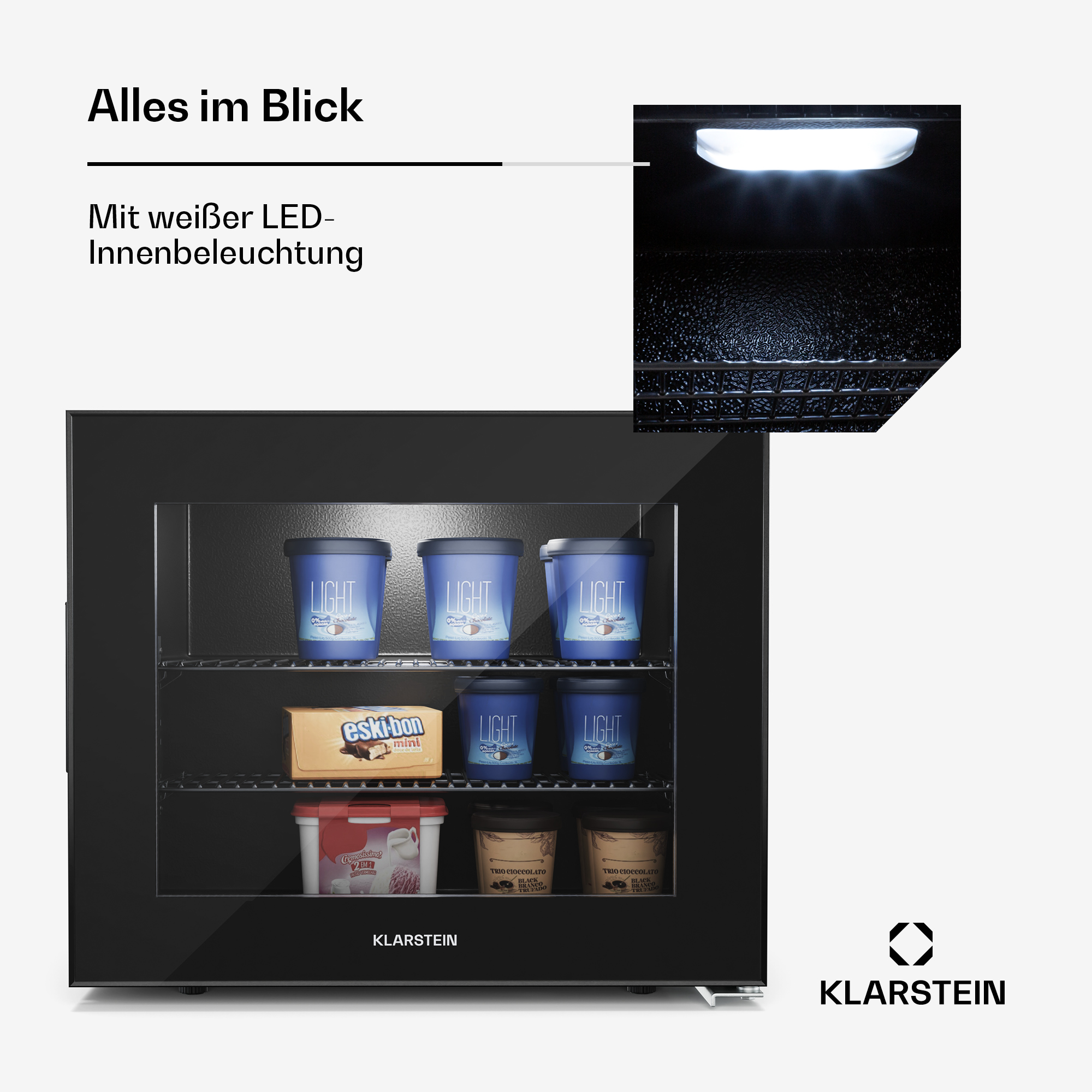 Un mini-frigorifero nero con gelato. Ha una luce LED bianca. Il marchio è Klarstein.