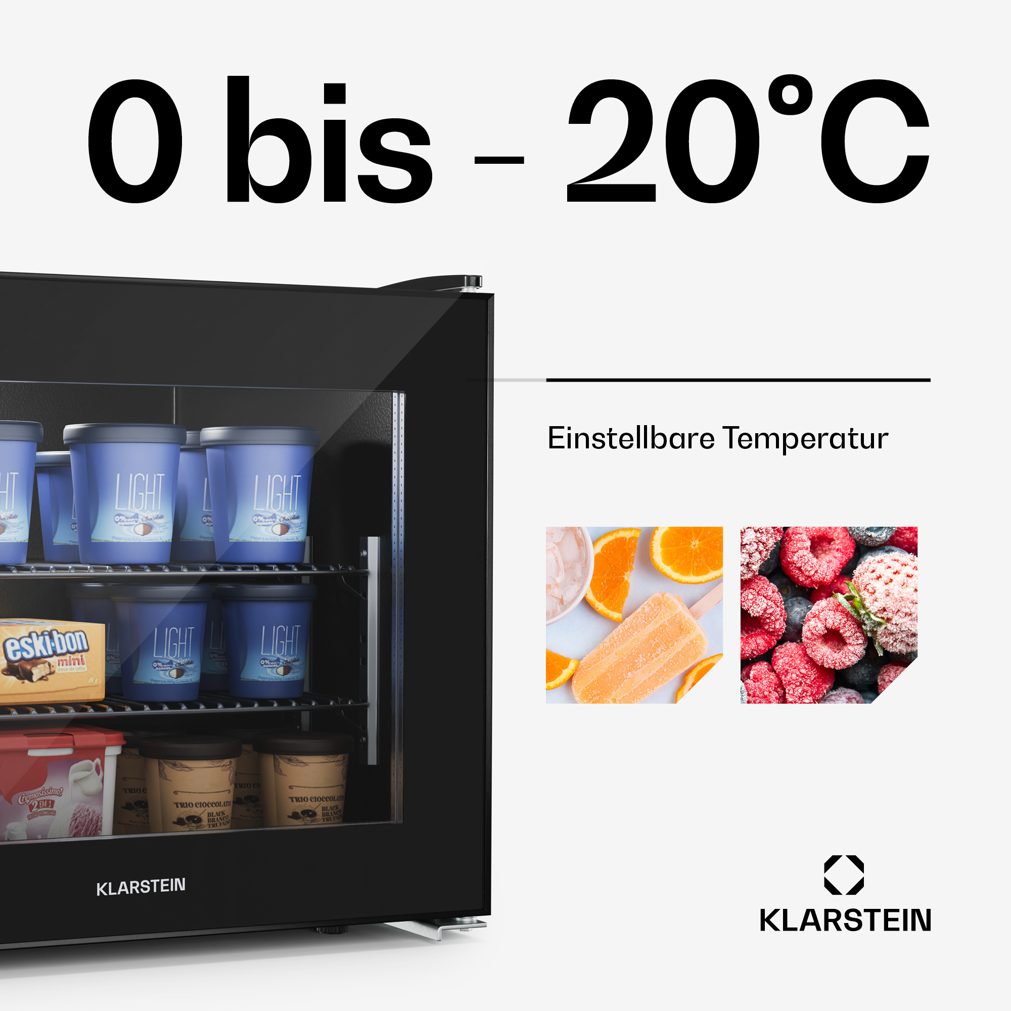 Un frigorifero nero mostra gelato e frutta. Il testo dice 0 bis -20°C. Ci sono arance, lamponi e gelati.