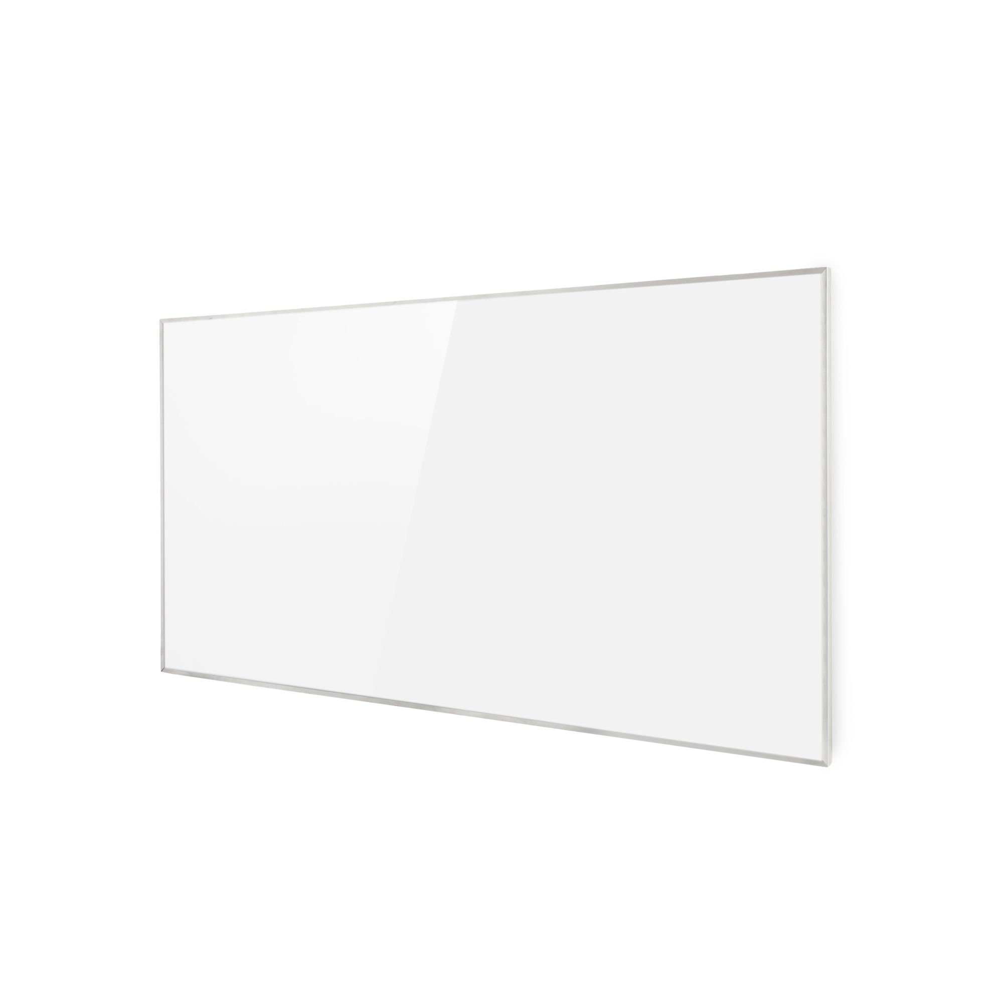 Una pizarra rectangular blanca con marco plateado sobre fondo blanco.