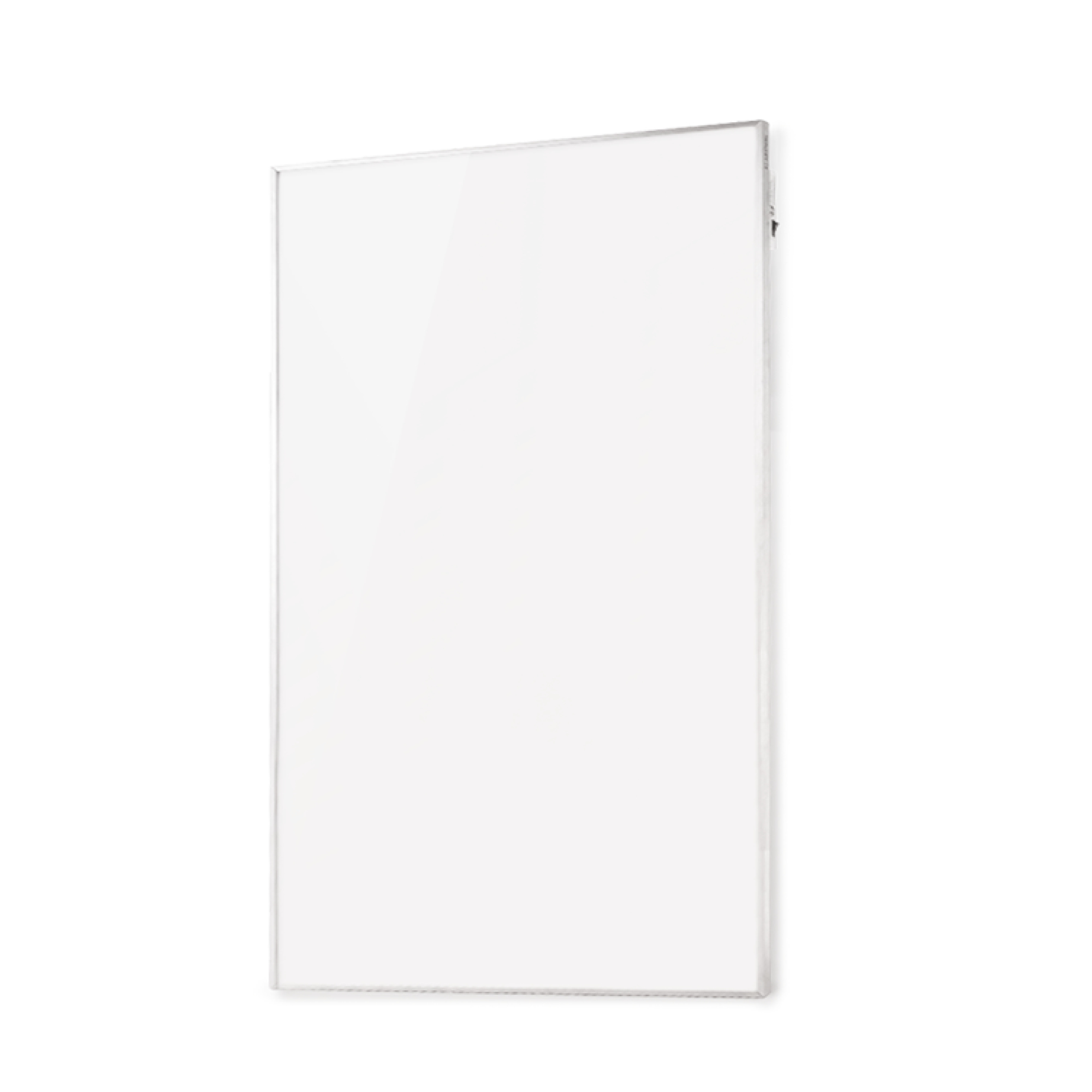 Un panel rectangular, blanco y brillante se apoya contra un fondo blanco. Tiene un marco plateado fino.