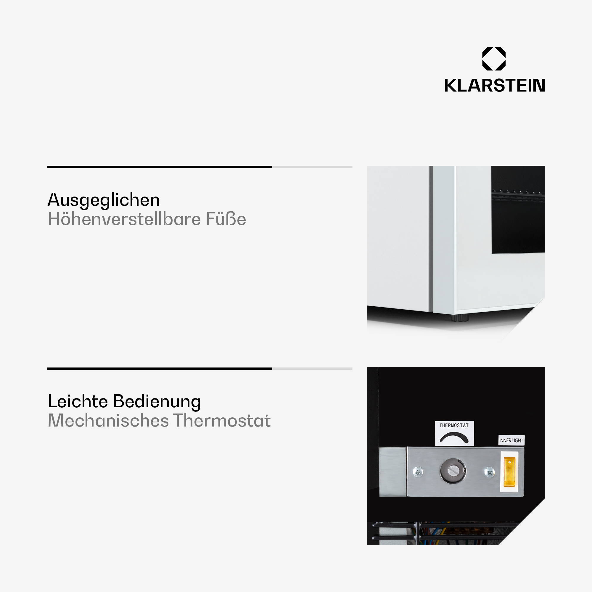 L'immagine mostra un elettrodomestico Klarstein con piedini regolabili e comandi del termostato. L'interruttore della luce è acceso.