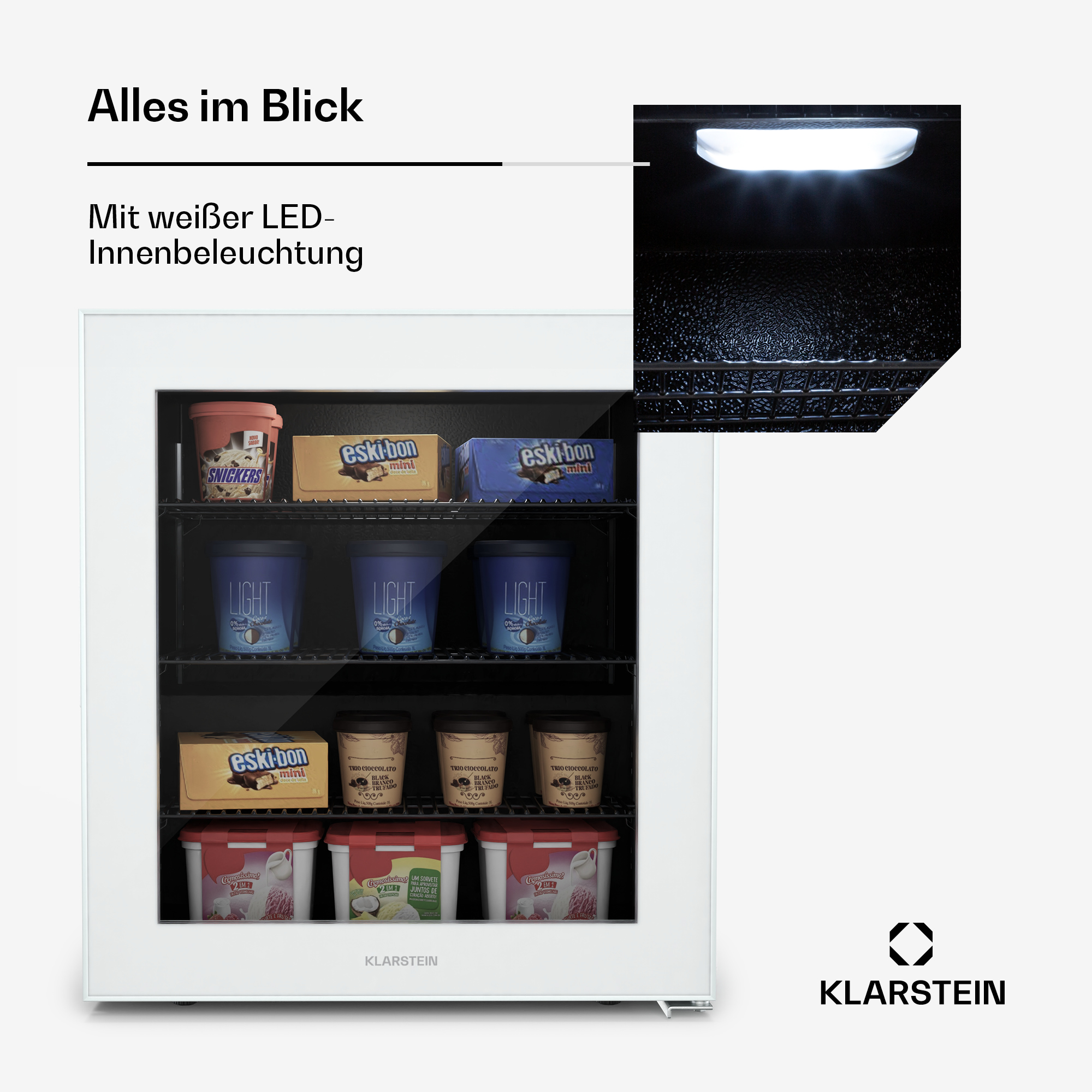 Una vetrina per gelati Klarstein bianca. Contiene vaschette e barrette di gelato, con illuminazione a LED.
