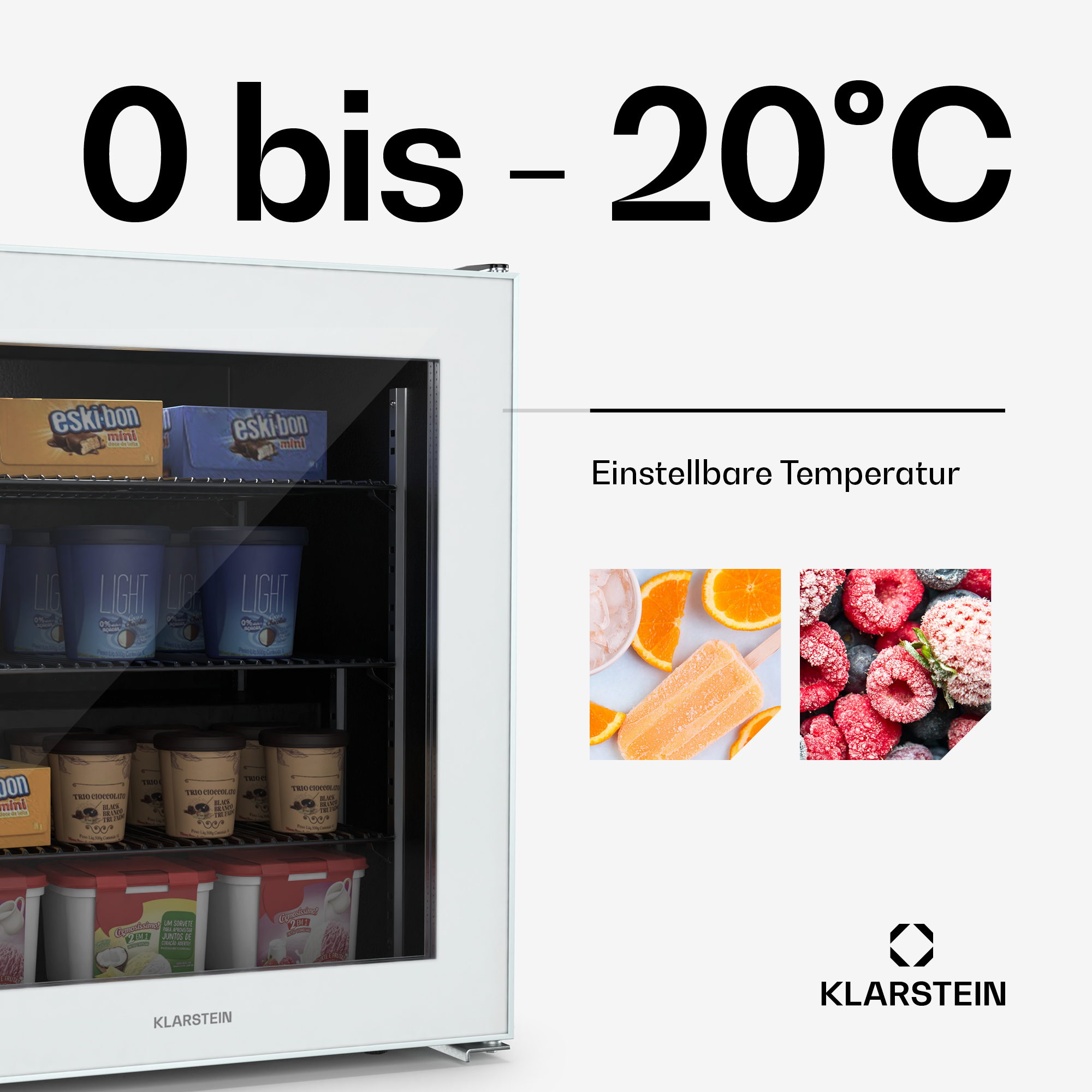 Un frigorifero bianco con gelato all'interno, l'intervallo di temperatura è da 0 a -20 gradi Celsius. Ci sono anche frutti.