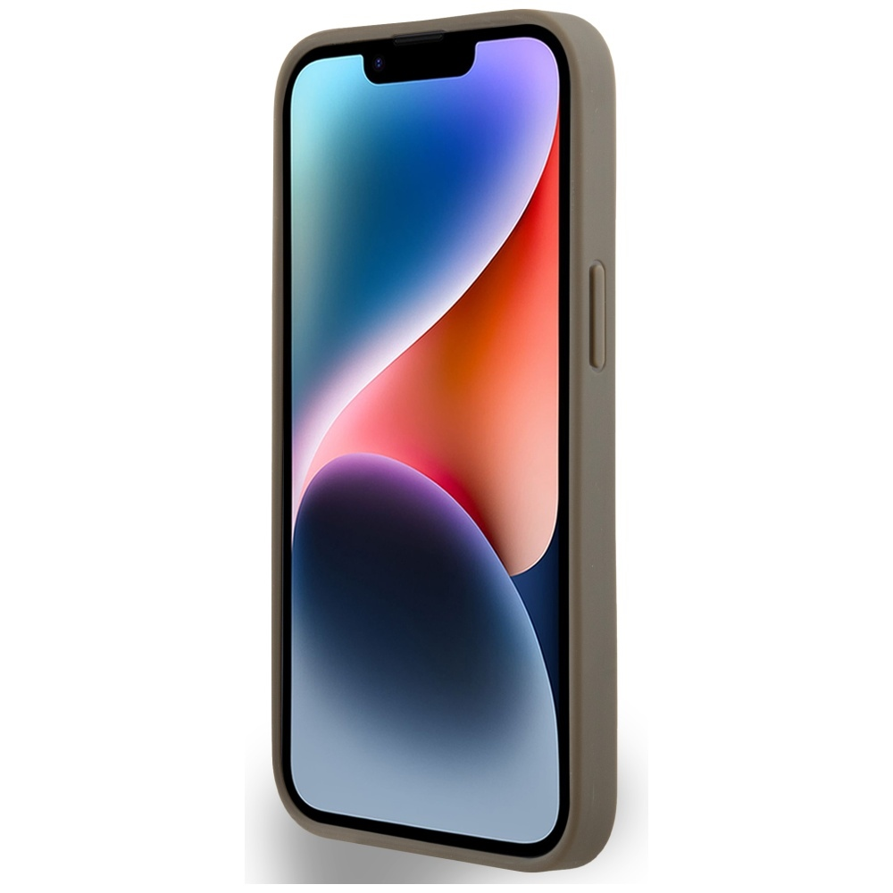 Uno smartphone in una custodia grigia viene visualizzato, lo schermo mostra forme astratte colorate.