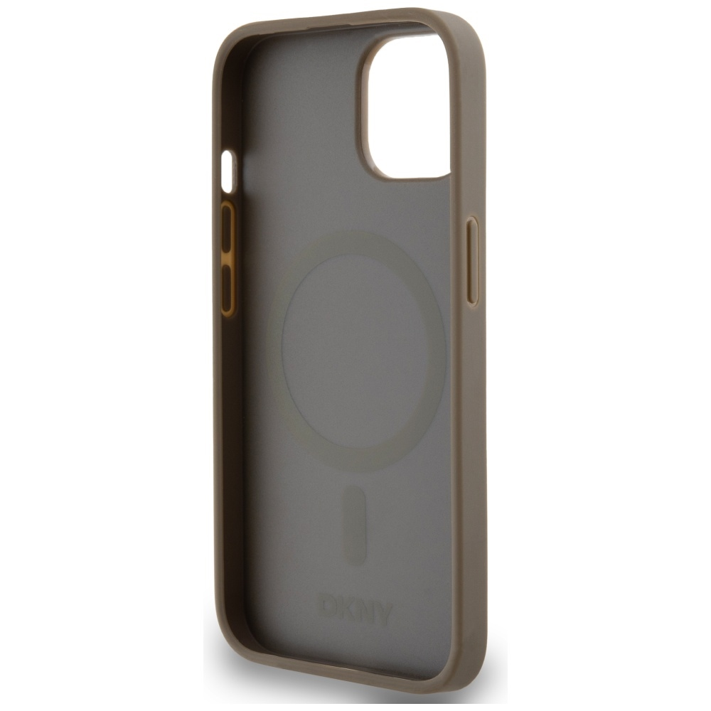 È mostrata una custodia per telefono, con esterno color kaki e interno grigio. Il logo DKNY è visibile. La custodia ha aperture per la fotocamera e i pulsanti.