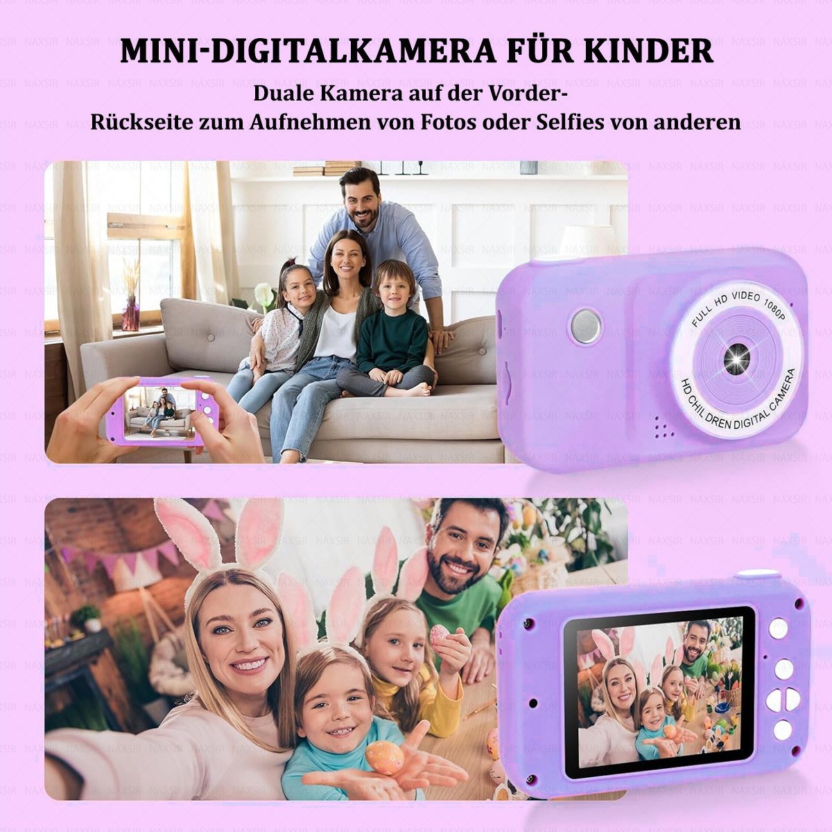 L'immagine mostra una famiglia con una fotocamera. Un bambino sta scattando una foto alla famiglia. Fotocamera viola.