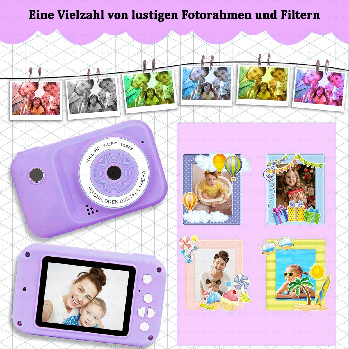 Eine lila Kinderkamera und mehrere Fotorahmen werden angezeigt. Rahmen enthalten Kinderfotos. Der Hintergrund ist helllila.