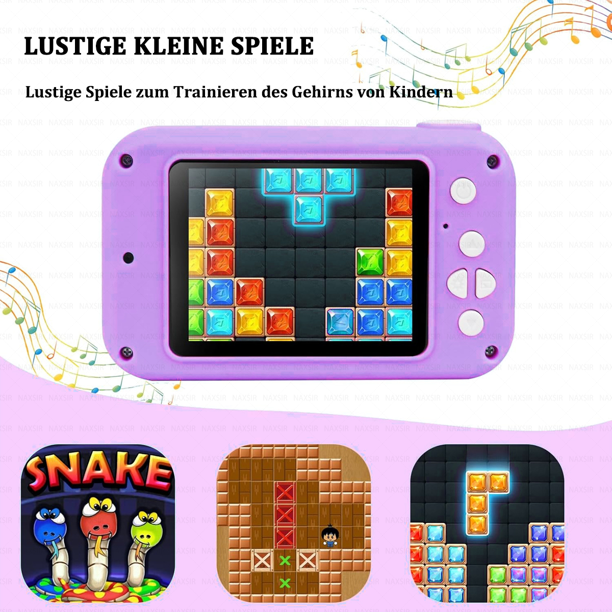 Eine lila Handheld-Konsole mit einem Block-Puzzlespiel. Andere Spiele werden unten gezeigt, darunter Schlangen.