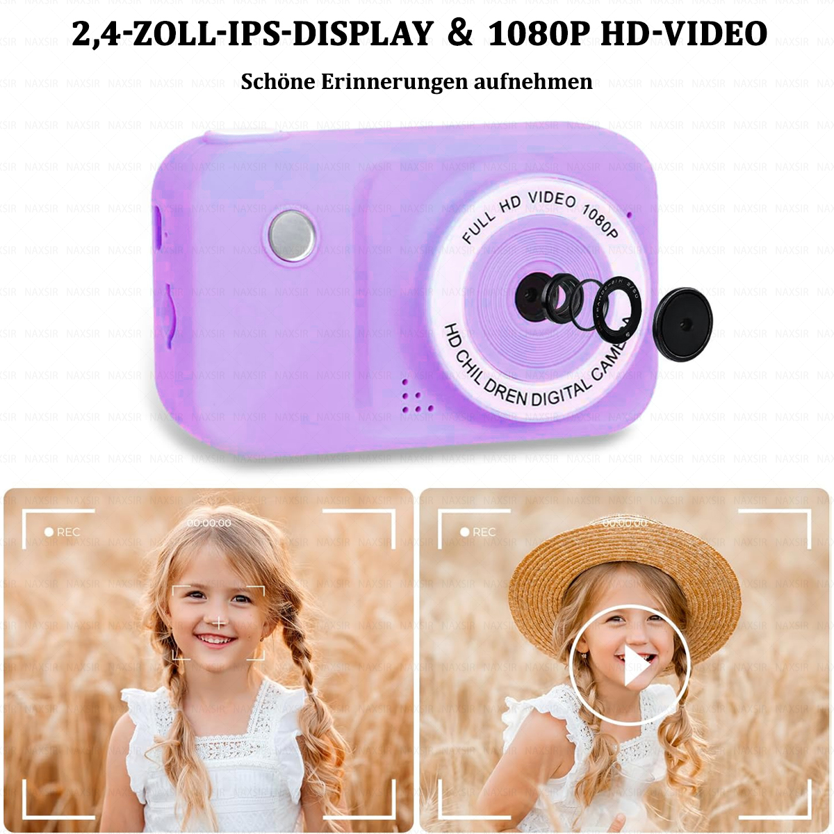 Eine lila Digitalkamera mit einem Kinderfoto und einem Mädchen mit Strohhut mit einem Video-Play-Symbol.