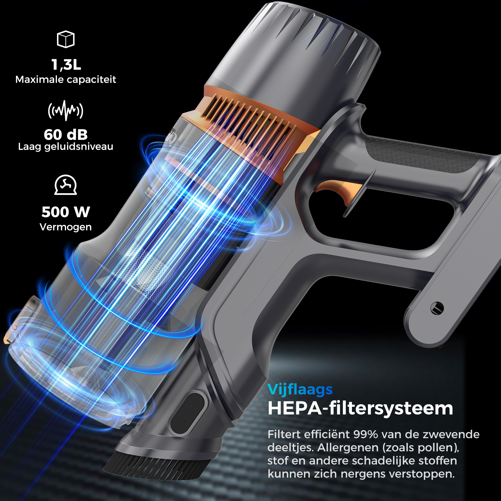 A gray and orange handheld vacuum cleaner is shown, with text about its features and a black background.