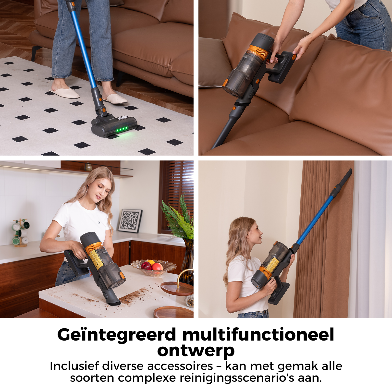 A woman uses a vacuum cleaner on a rug. The vacuum is black and blue. The scene shows different usage scenarios.