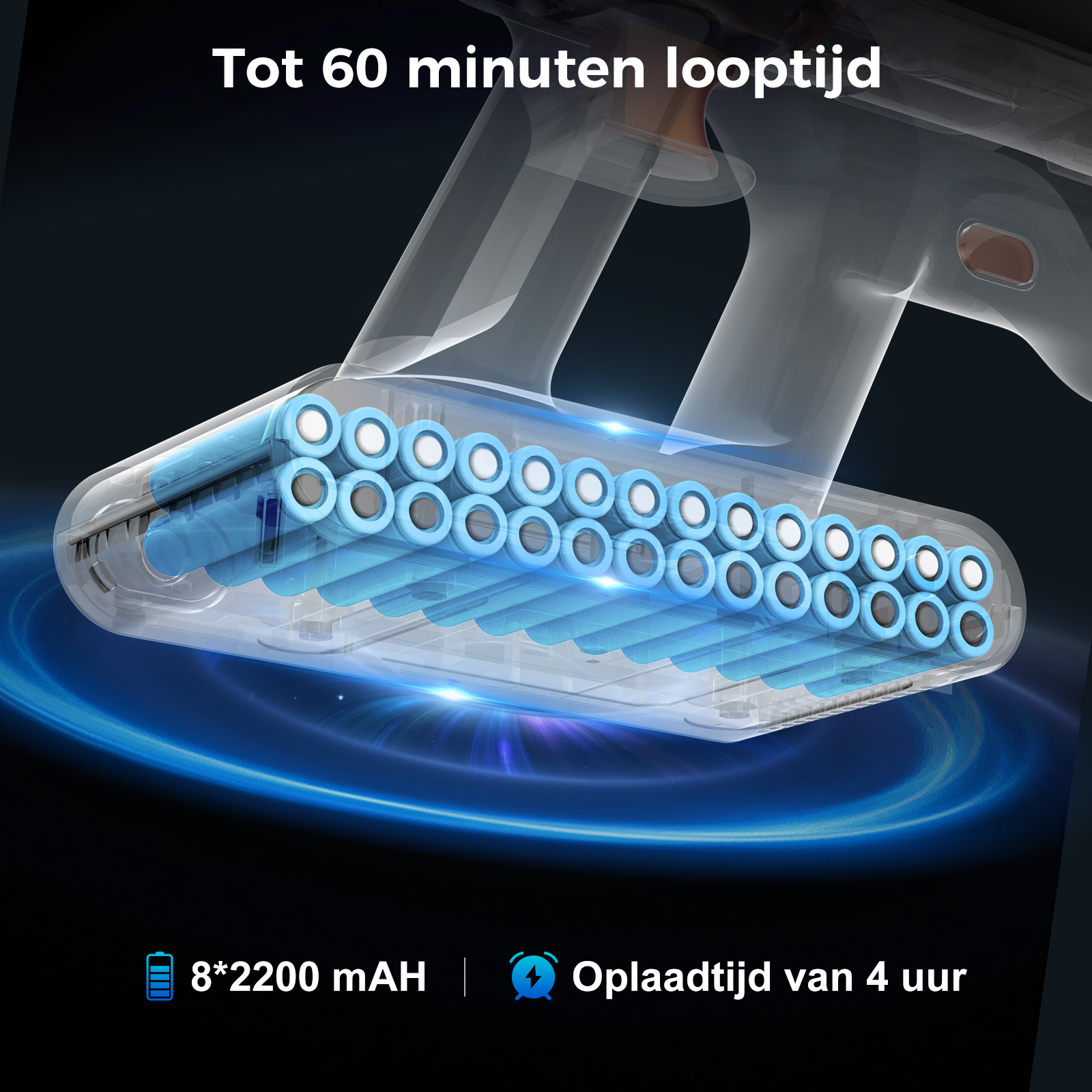 Image shows a vacuum cleaner battery pack with text: Up to 60 minutes runtime, 8*2200 mAh, and 4-hour charging time.