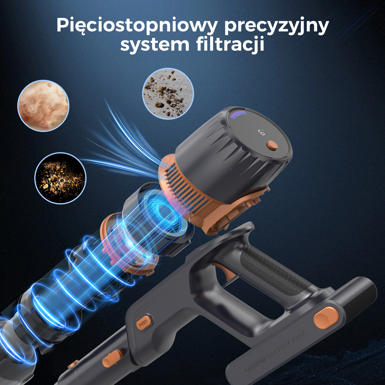 Zdemontowany odkurzacz pokazuje swoje części i system filtracji. Próbki kurzu i zanieczyszczeń w tle.