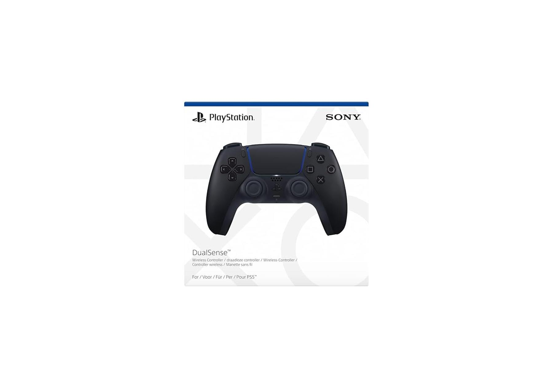 Un mando inalámbrico DualSense negro para PlayStation 5. Los logotipos de PlayStation y Sony están arriba.