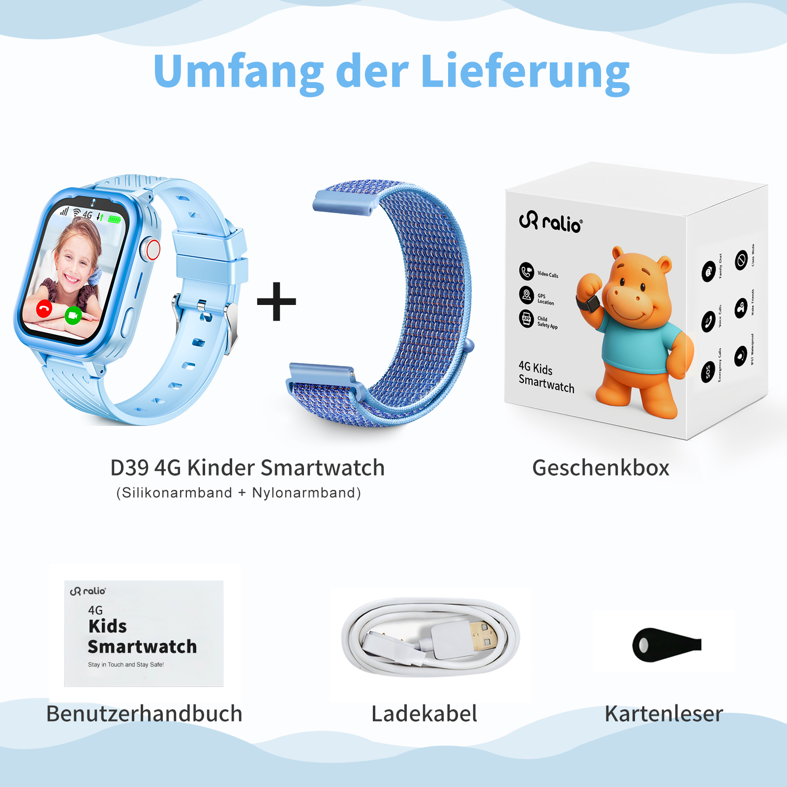 Eine blaue Kinder-Smartwatch, ein blaues und marineblaues Armband, eine Box mit einer Zeichentrickfigur, ein Handbuch, ein Kabel und ein Kartenleser.