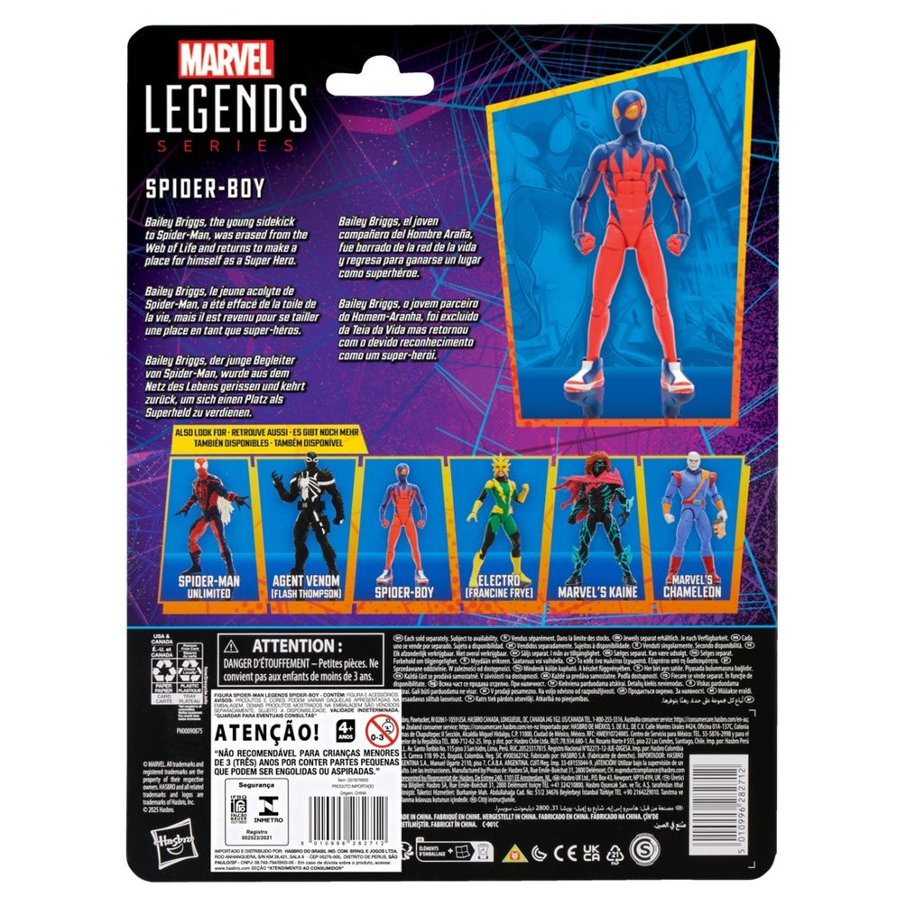 Ambalaj, diğer Marvel karakterleriyle birlikte, mavi detaylı kırmızı takım elbiseli Spider-Boy figürünü gösteriyor.